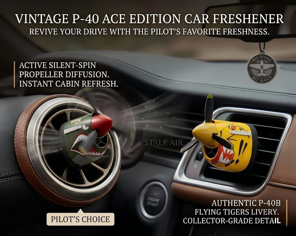 Retro fighter car air freshener vent clip (2-piece set) - Silent rotating propeller deodorizer - Men's active odor diffuser - Unique men's car accessory gift