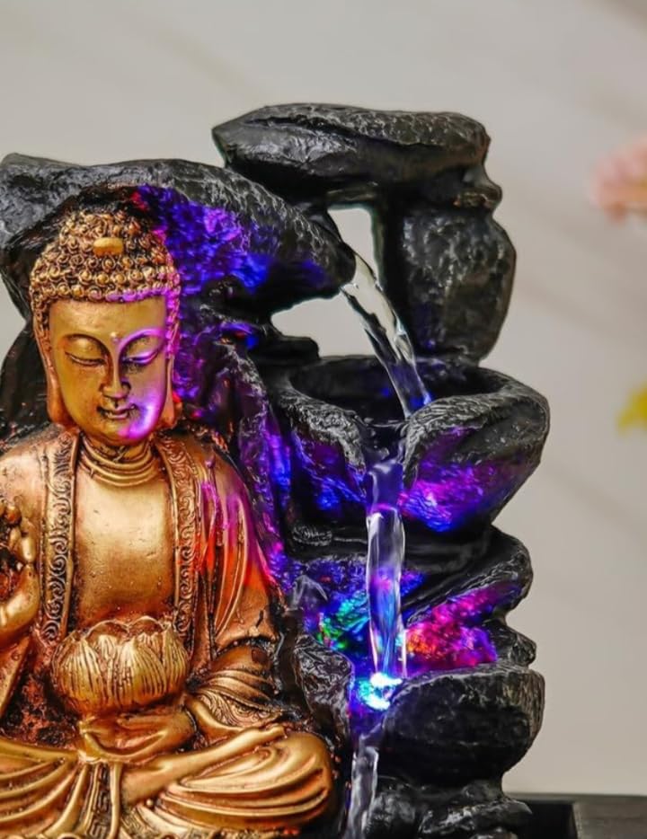 Buddha Water Fountain with LED Light, Indoor Decorative Tabletop Waterfall Fountain for Home Decor, Office Desk, Meditation, Feng Shui & Vastu Showpiece-image-11