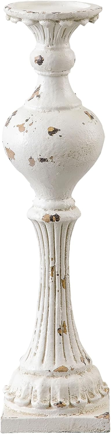 SOFE Resin Pillar Candle Holder, Shabby Chic White, 19 Inch Tall Vintage Candle Pedestal, French Country Decor, Antique Table Centerpiece, Floral Theme, Column Design