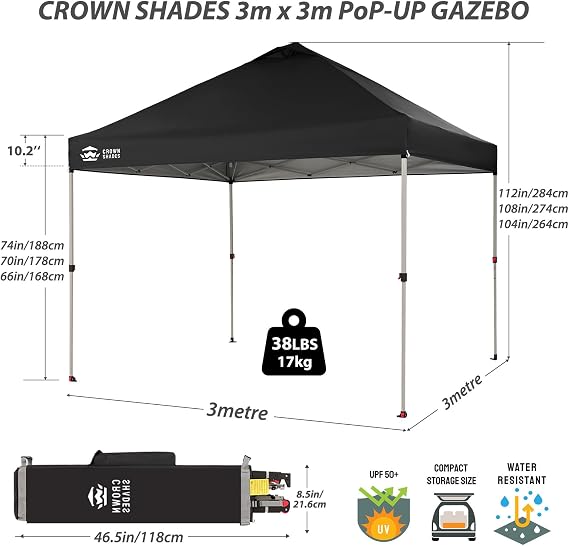 CROWN SHADES Pop Up Gazebo 3m x 3m, CenterLok One Push Instant Pop Up Outdoor Canopy Tent, Heavy Duty Gazebo with Carry Bag, Bonus 8 Stakes and 4 Ropes, Black