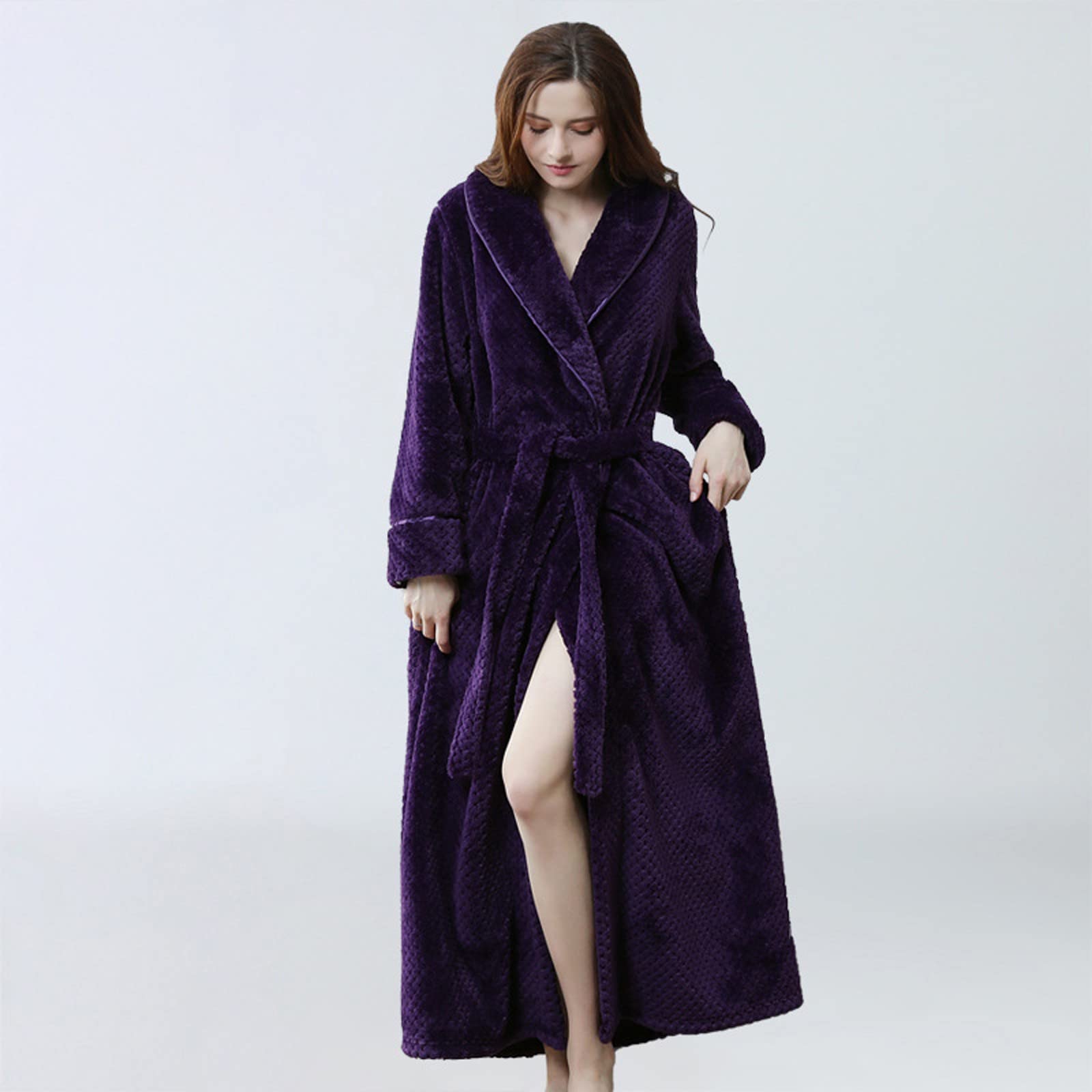 Albornoz de rizo para mujer, sin capucha, de algodón, bata larga para sauna, albornoz de forro polar, suave, ropa de dormir mullida, para todas las estaciones