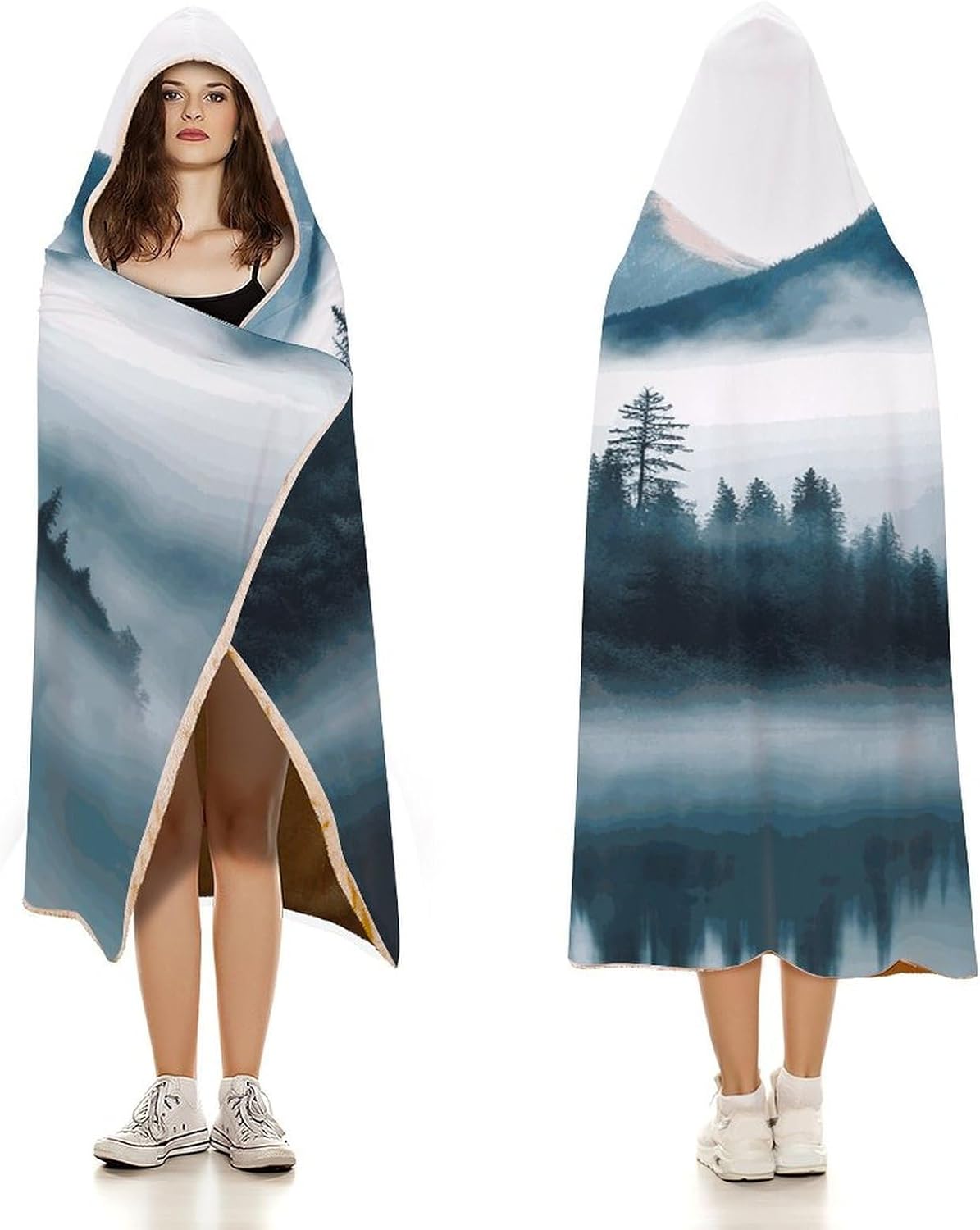 Foggy Mountains Landscape Hooded Blanket Cozy And Functional,Wearable Blanket Hoodie for Women Men,Blanket Poncho Presents60 x80