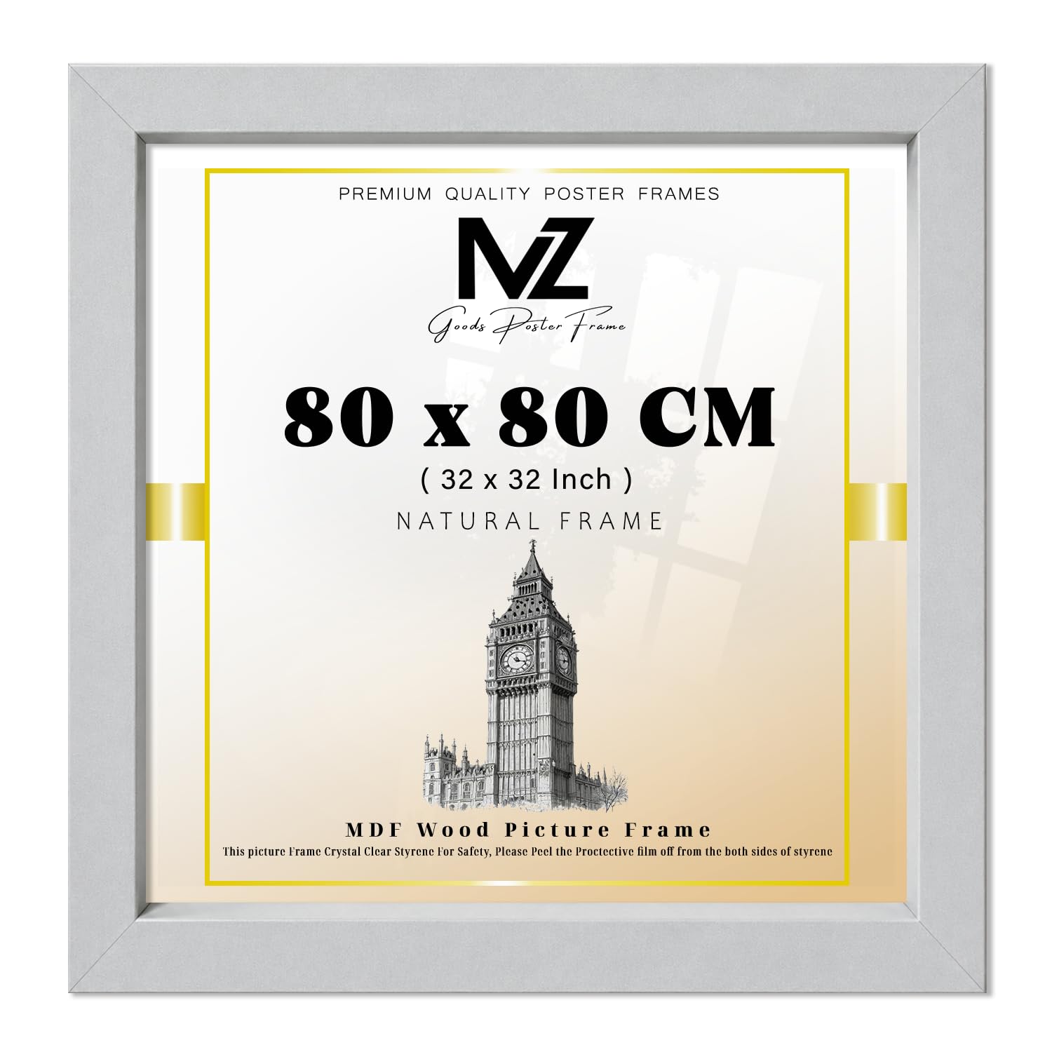 MZ GOODS | MDF Picture Frame (80 x 80 CM) 800 x 800 mm for Sketch Art, Watercolor Paintings & Home Interiors, MDF Build, Easy Wall Mounting Hooks [ Light Grey ]