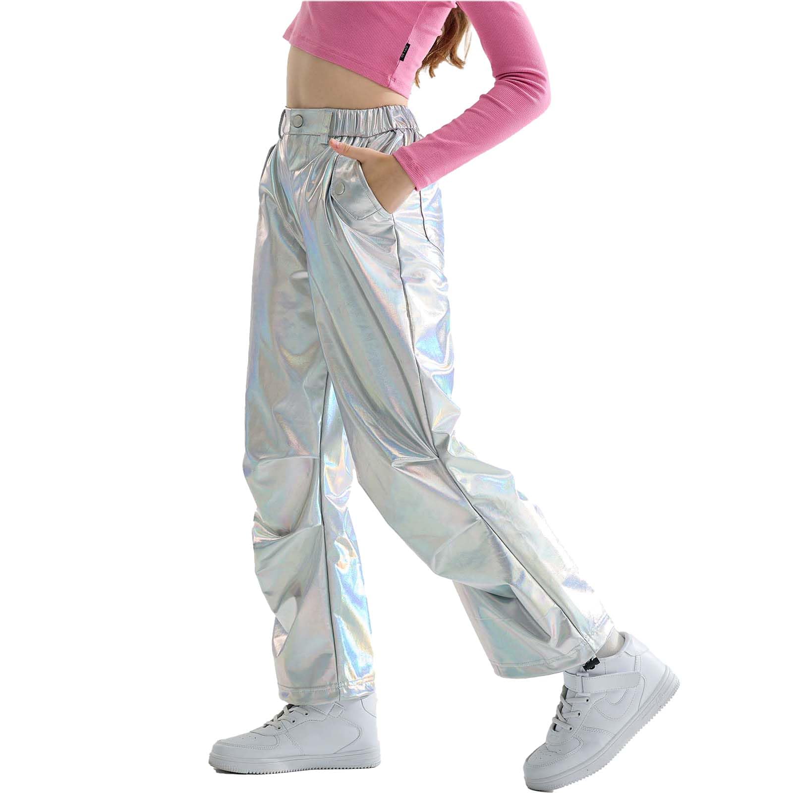 LOLANTA Pantalon Métallique Brillant pour Enfants Ensemble de Danse Hip-hop Rétro Pantalon Cargo ample Pantalon Streetwear à Taille élastique pour 6-13 ans