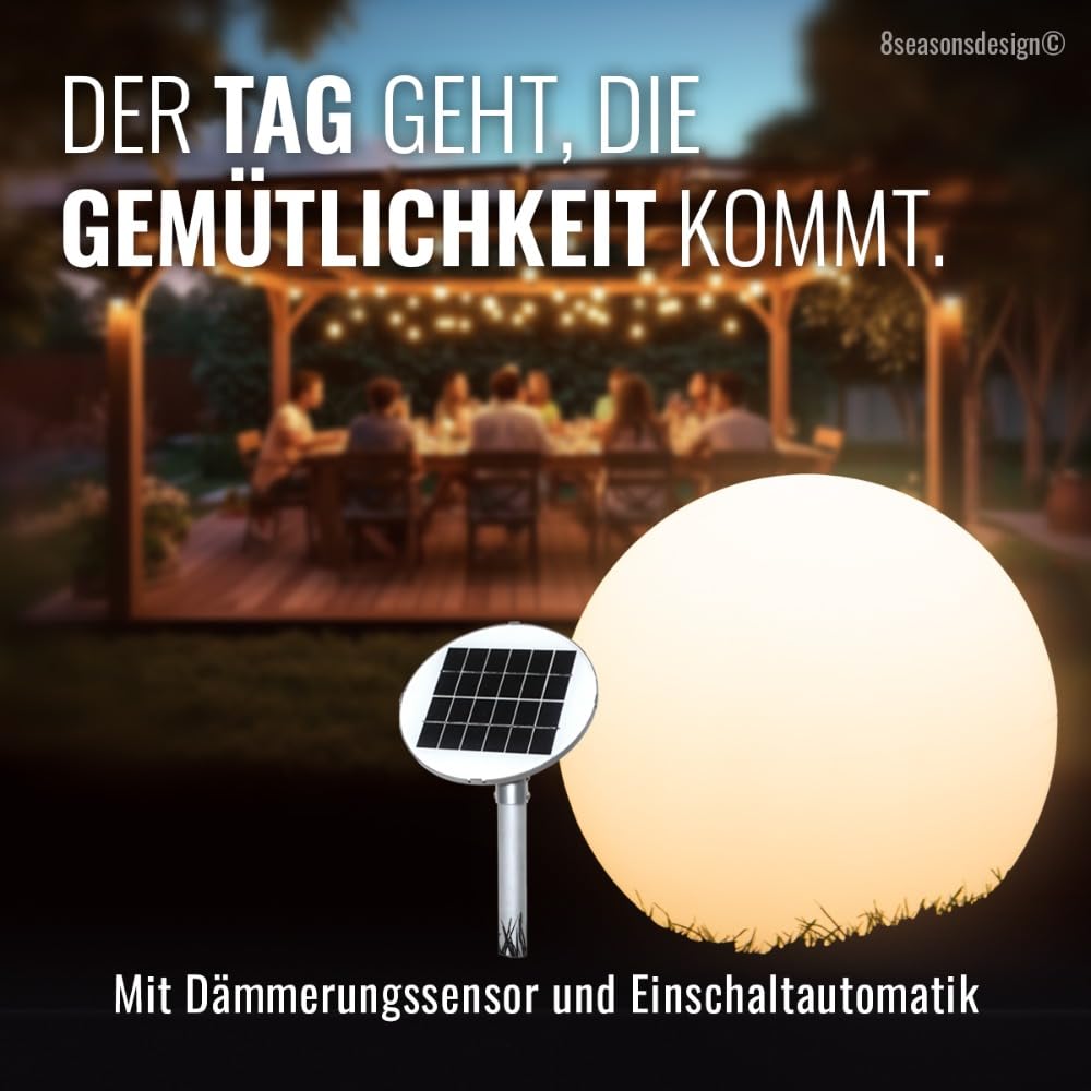 8 seasons design Solar Kugelleuchte 50 cm, Shining Globe (weiß) LED warmweiß, Dämmerungssensor – wetterfest – große Solarlampe für außen (Garten, Terrasse, Balkon) – robust & langlebig