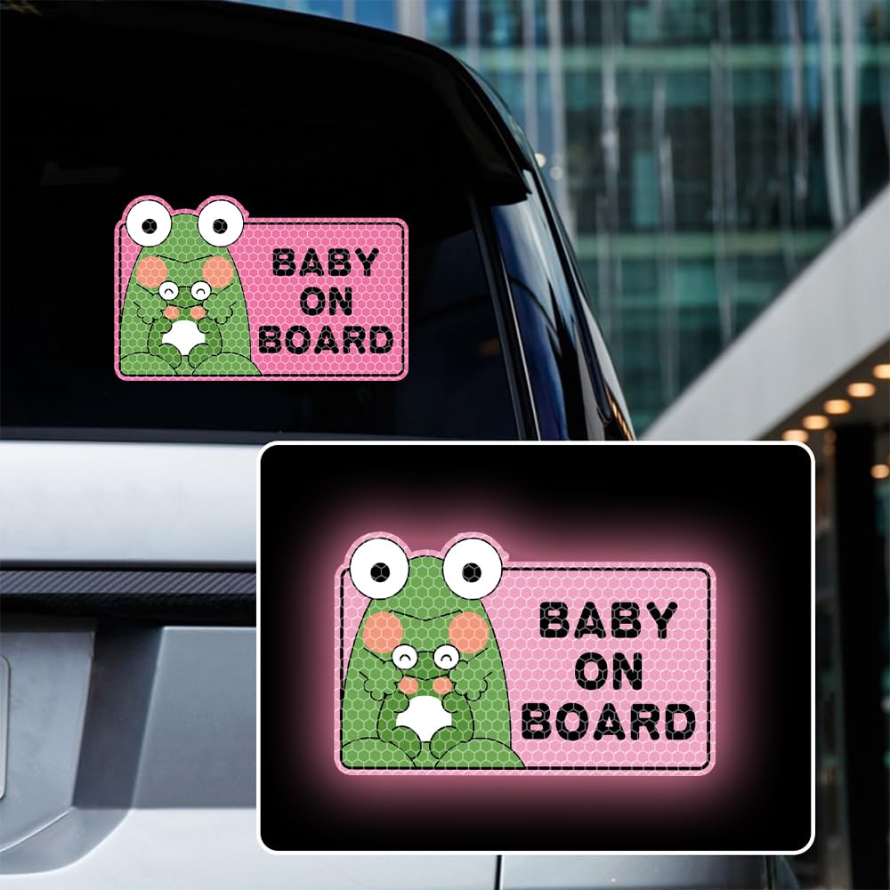 Iprokiu High Intensity Reflective Cute Frog Baby on Board Sticker for Car Safety Warning Sign Waterproof Baby in Car Decal Funny Kids on Board Car Bumper Window Sticker (Pink)