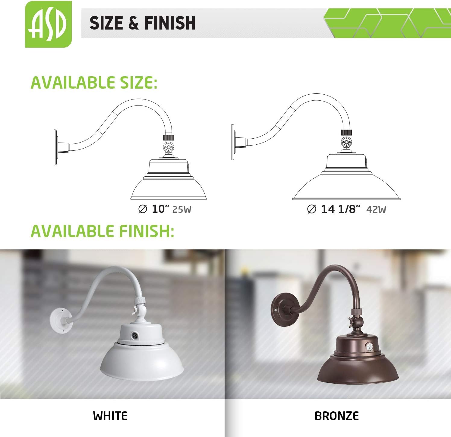 ASD LED Gooseneck Light 10" 25W with Photocell 4000K White