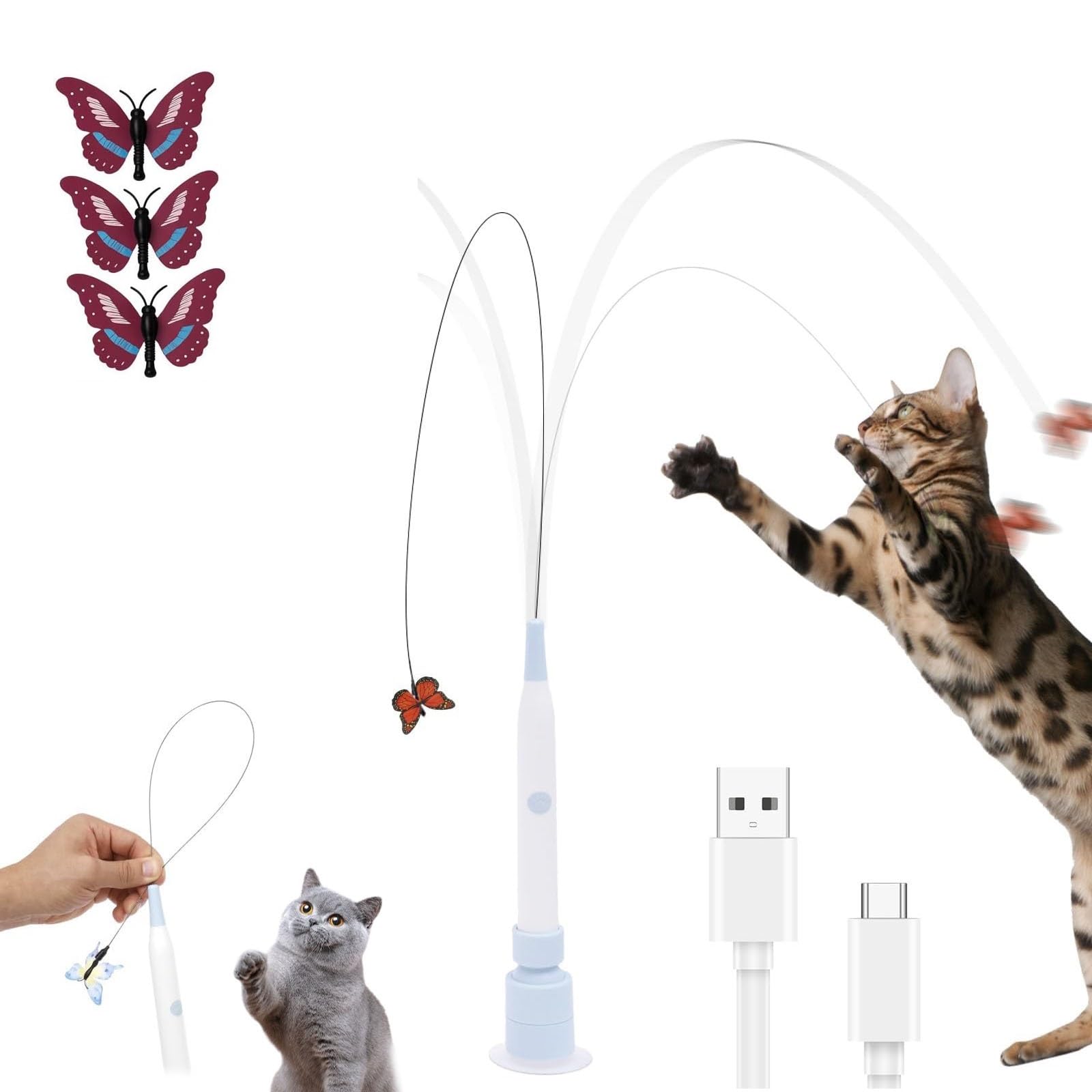 Automatic Butterfly Cat Toy, Electric Butterfly Flutter Toy with Suction Cup & 3/8 Refills, 2 Modes for Jumping Exercise Training, Indoor Interactive Toy for Cats/Kittens (with 3 Refills)