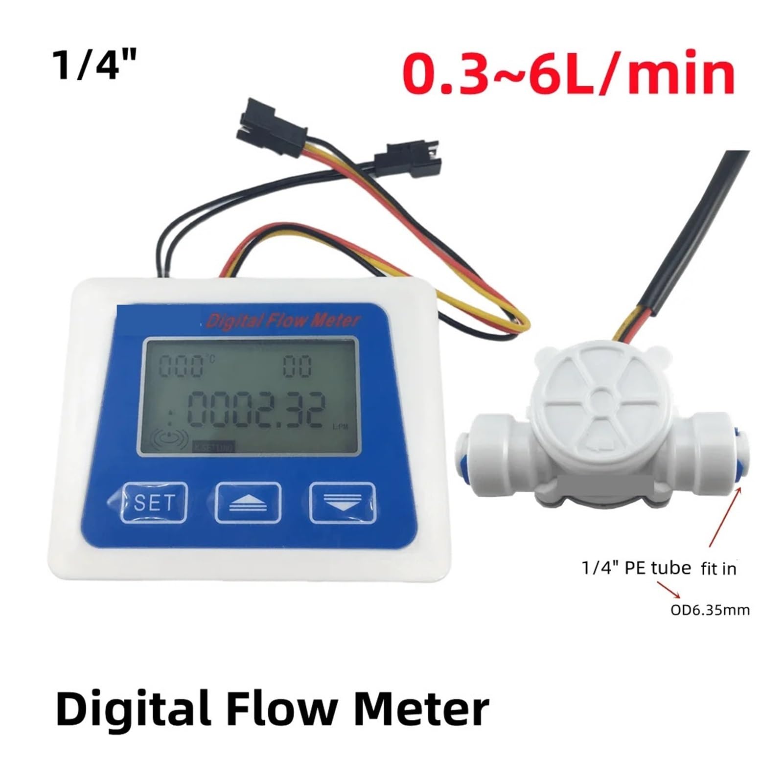 Alta Sensibilidad Medidor de Sensor de Flujo de Agua con pantalla LCD Digital, medidor de flujo, totalímetro con contador de flujo de turbina de 3/8 "/1/4" Medidas precisas(1-4 quick fit)