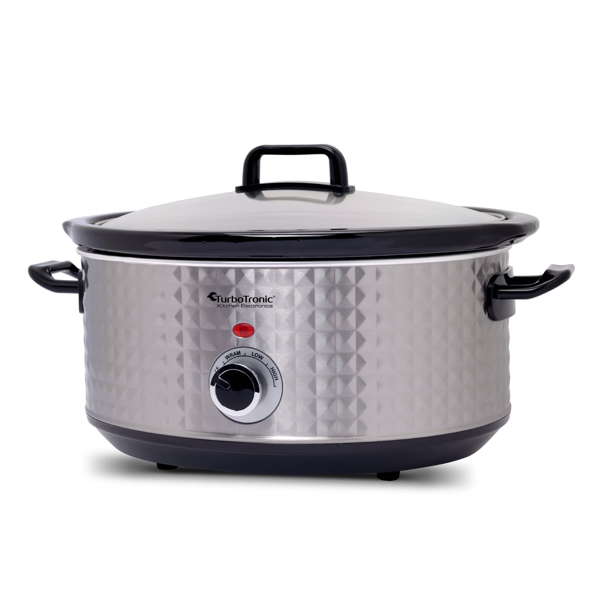 TurboTronic Slow Cooker 6,5L, silber Edelstahl, Schongarer mit Warmhaltefunktion, Dampfgarer, Schmortopf, Gartopf, Sous Vide Garer, retro Rautenmuster