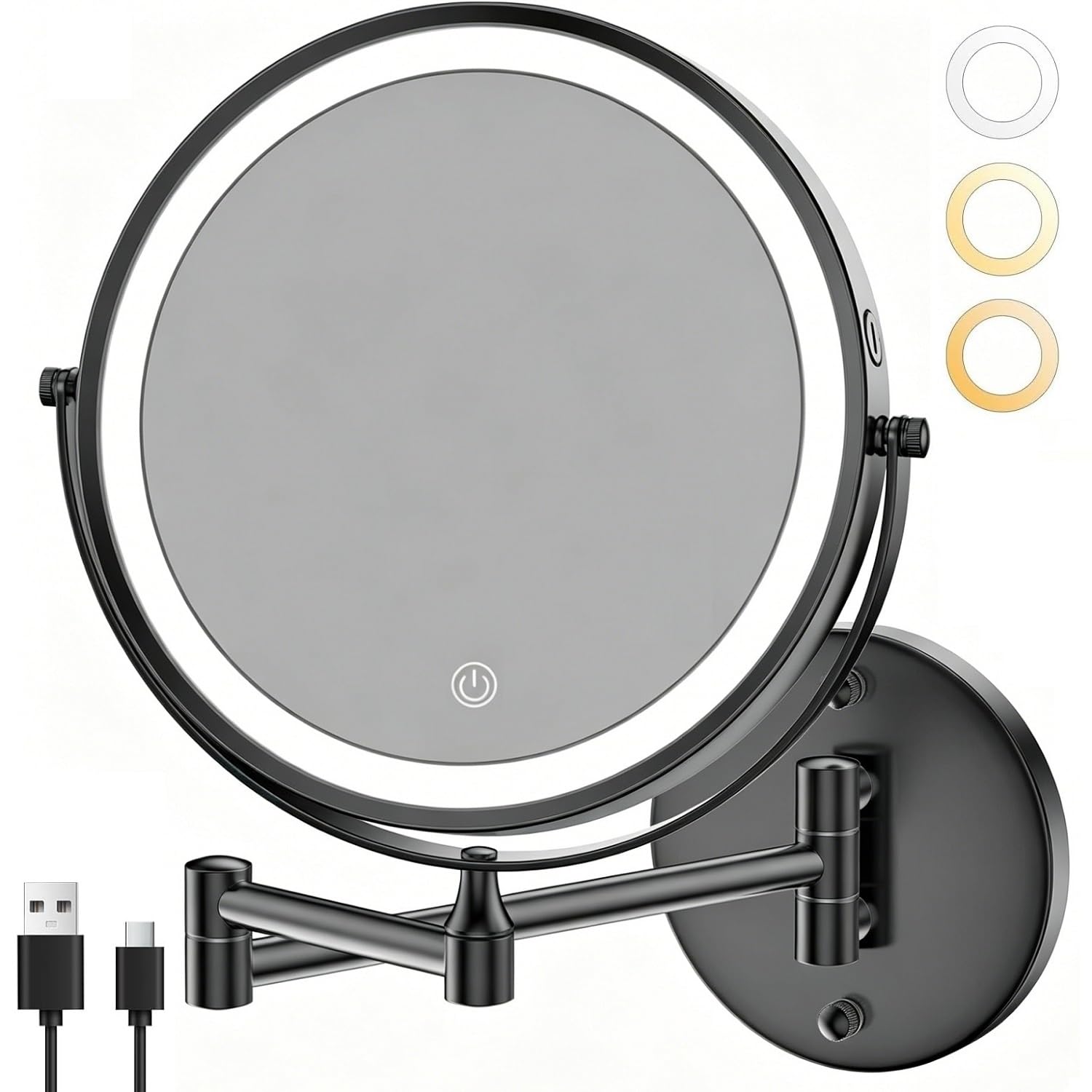 Specchio da trucco illuminato da parete da 21,6 cm, 3000 mAh ricaricabile a doppia faccia 1X 10X, illuminazione a 3 colori, oscuramento touch screen, braccio esteso con rotazione a 360 gradi