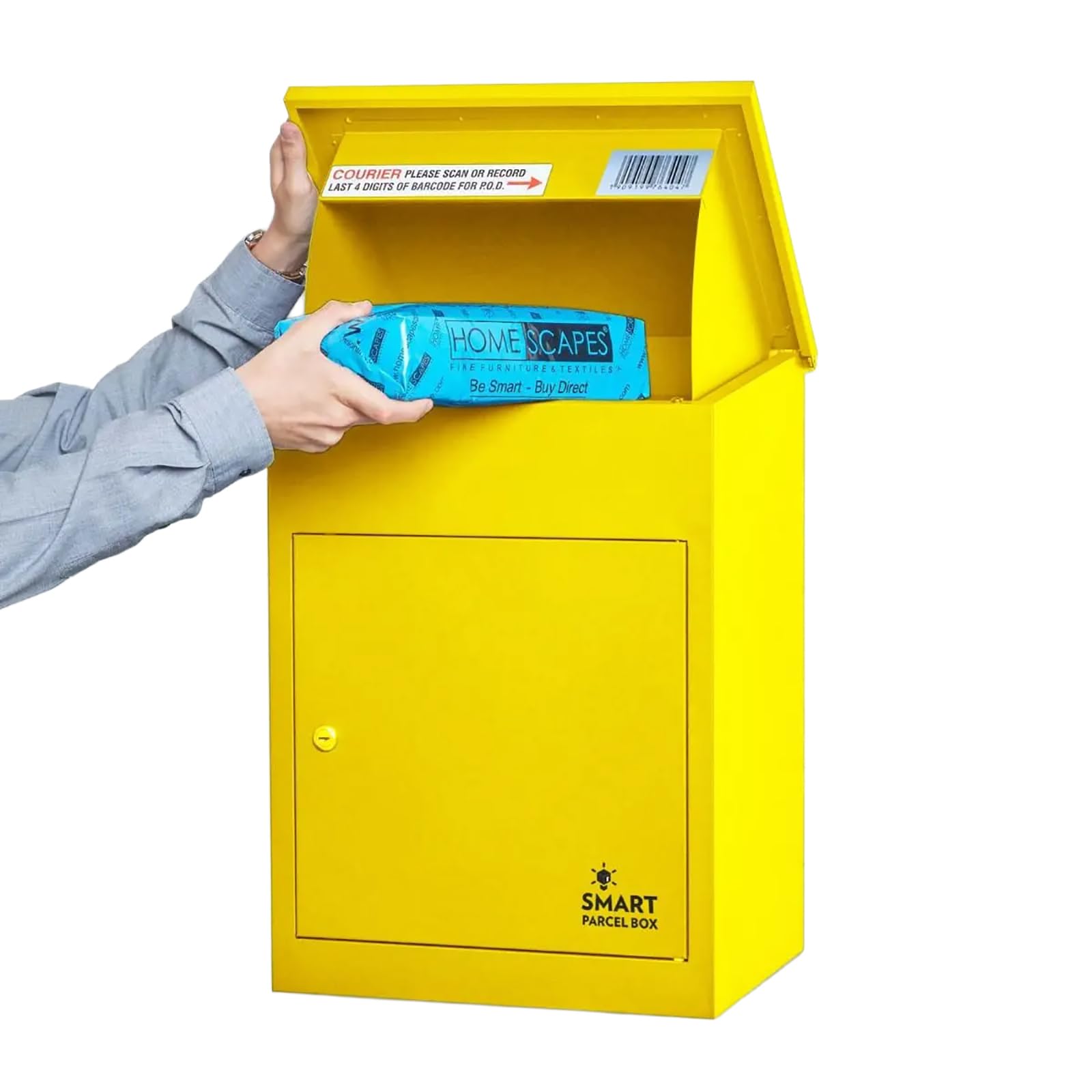 SMART PARCEL BOX Wall Mounted Parcel Box Outdoor, Medium Yellow Delivery Box, Secure, Durable Galvanised Steel Weatherproof, Lockable For Post, Multiple Letters & Large Package Drop