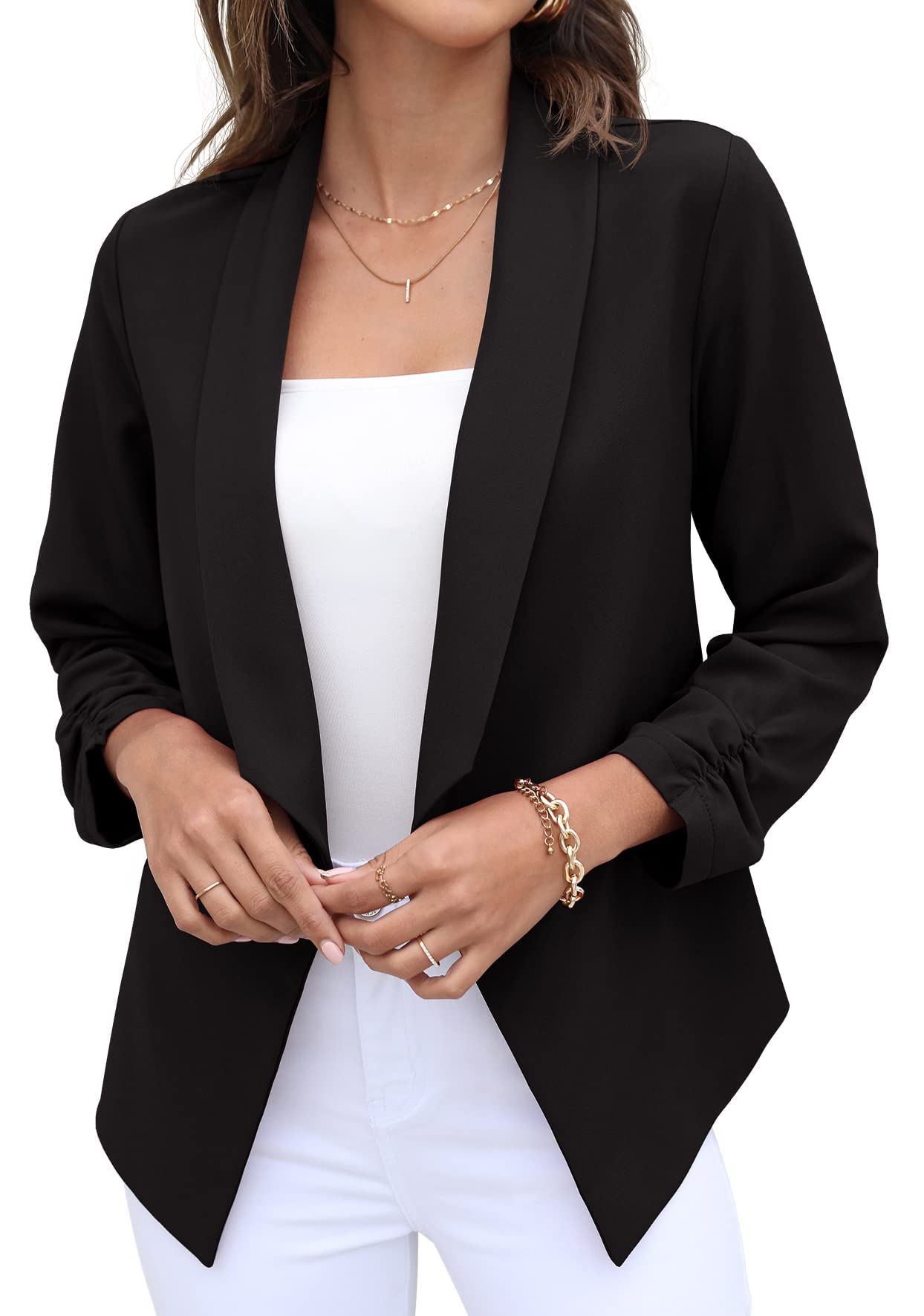 GRECERELLE Womens Blazer Suit Open Front Cardigan 3/4 Ruched Sleeve Casual Work Office Cropped Blazer Jacket for Ladies