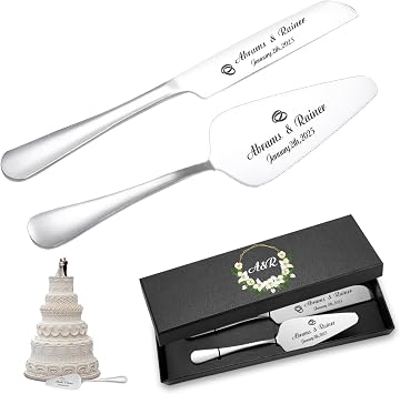 HJX Personalized Wedding Cake Knife and Server Set, Custom Name Cutting Set