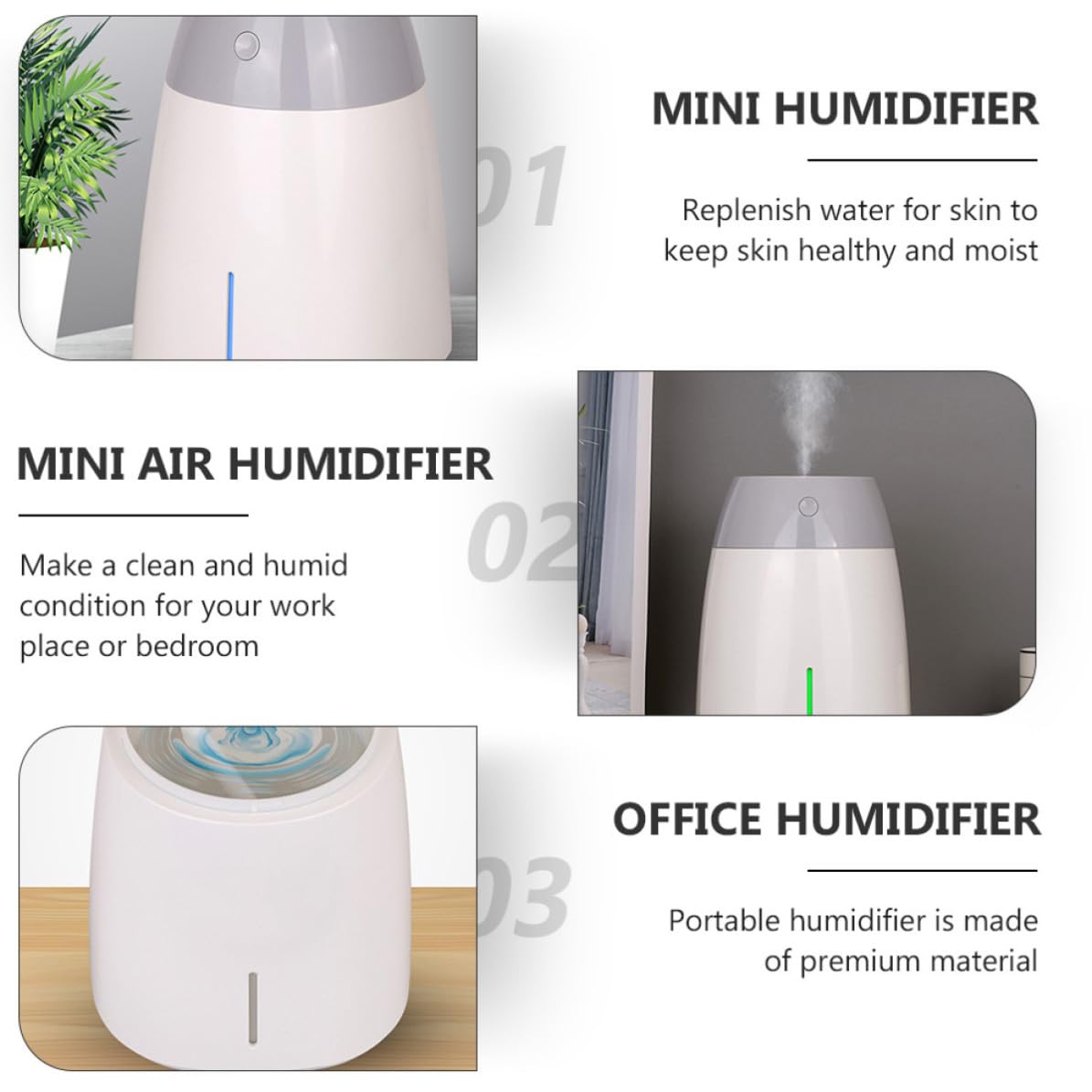 STOBAZA Umidificatore per Ufficio e Casa Capacità 800ml Batteria 1800mah Silenzioso in Abs per Pelle e Spazi Ufficio Reception