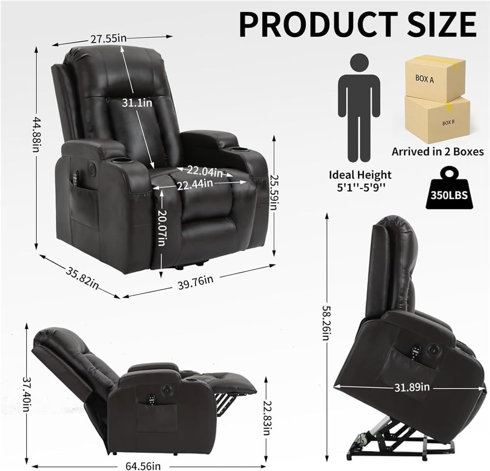 Power Lift Recliner Chair for Elderly with Massage and Lumbar Heating Heavy Duty Motion Mechanism Single Motor USB Charging Ports Cup Holders Faux Leather Reclining Sofa Dark Brown