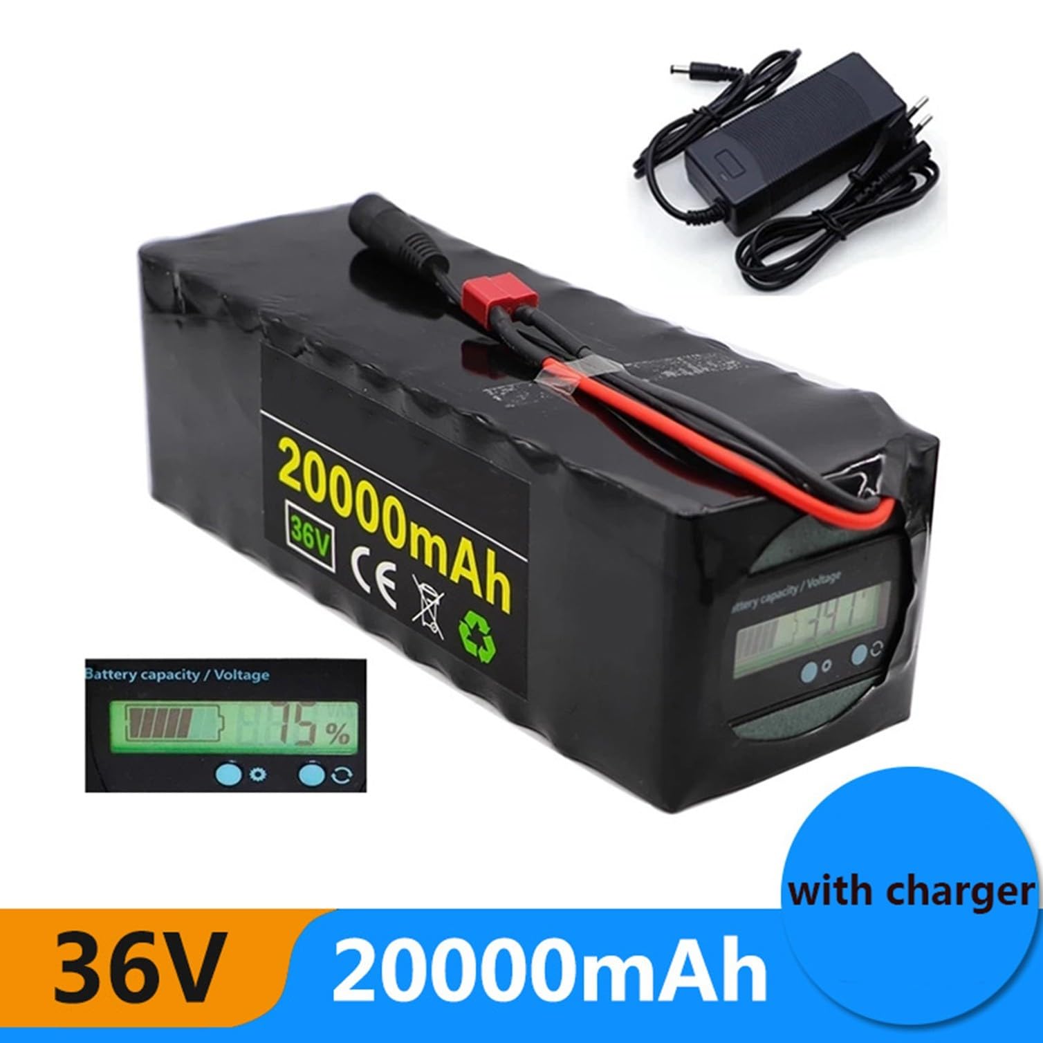 E-Bike Pedelec Akku 36V 20Ah Ebike Battery Pack 10S4P Rechargeable Li-Ion Battery Eingebauter BMS Wasserdichter PVC-Akku Mit Ladegerät, BMS XT60/T Plug