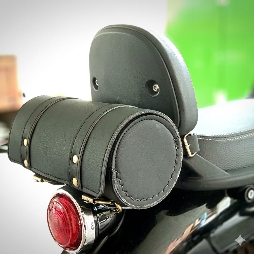 RIYAAN Bike Side/Rear Saddle Bag Round Style Tool Bag Storage 2 Strap Closure Suitable for RE Meteor,Classic, Standard, Electra, Thunderbird, Desert Storm 500x 300x (Black)-image-10