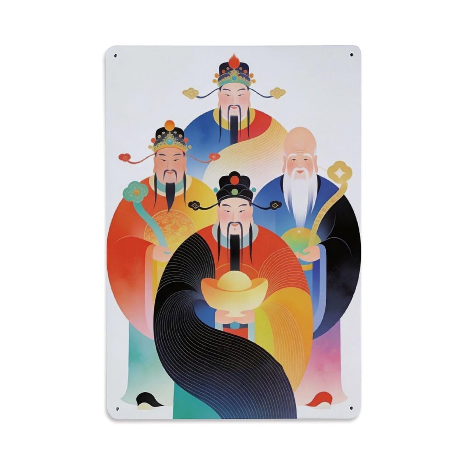 Cai Shen God Chinese Fortune Folk Style Wealth Aesthetic Metal Tin Sign Plaque Wall Decor for Cafe, Man Cave, Club Bar, Office, Home Garden Round Metal Poster 8x12Inch