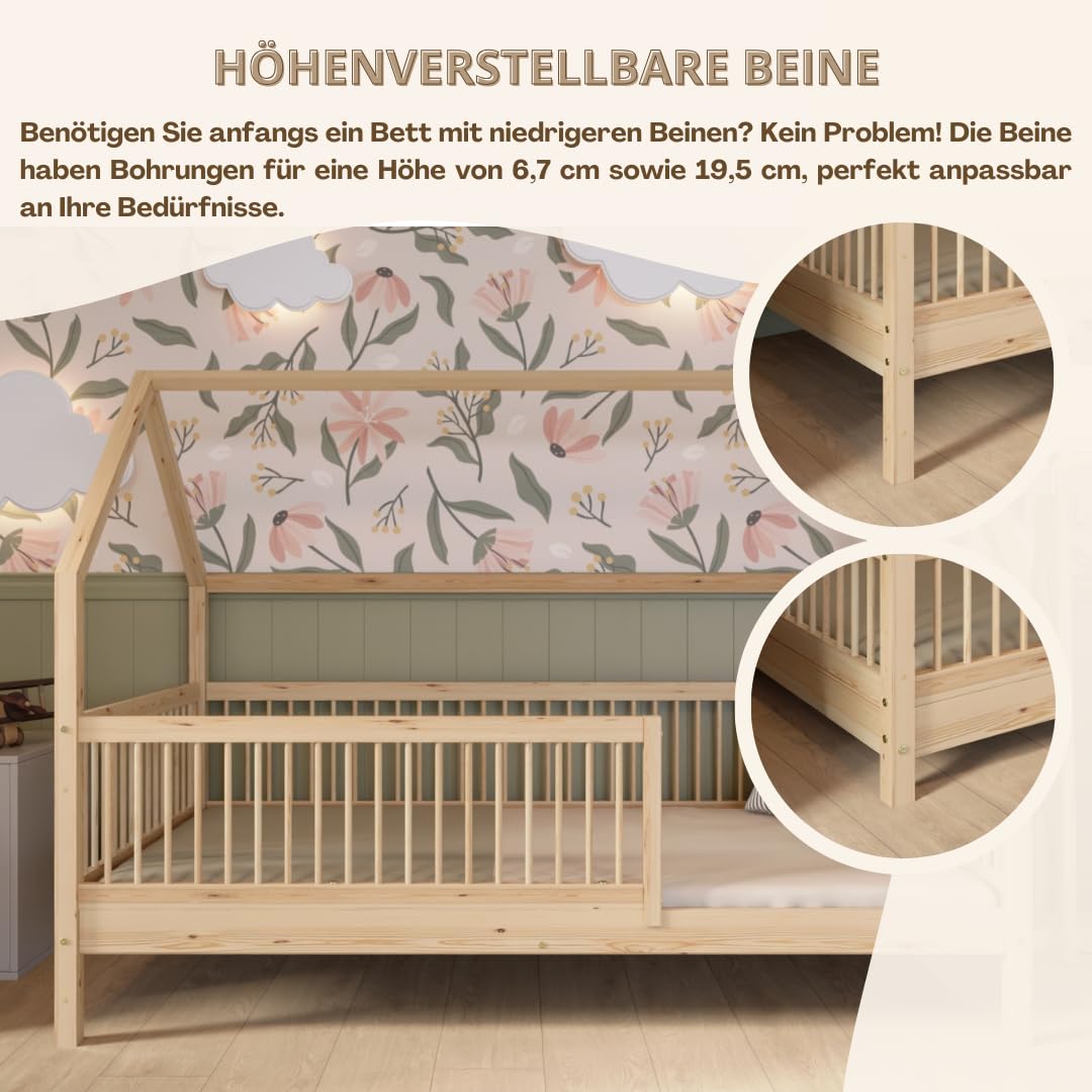 Hausbett – Montessori Kinderbett aus Massivholz mit Rausfallschutz – Sicheres Kinderbett aus Naturholz - Leichter Aufbau - Crazy Folly (Naturholz mit Schubladen, 160 x 80 cm)