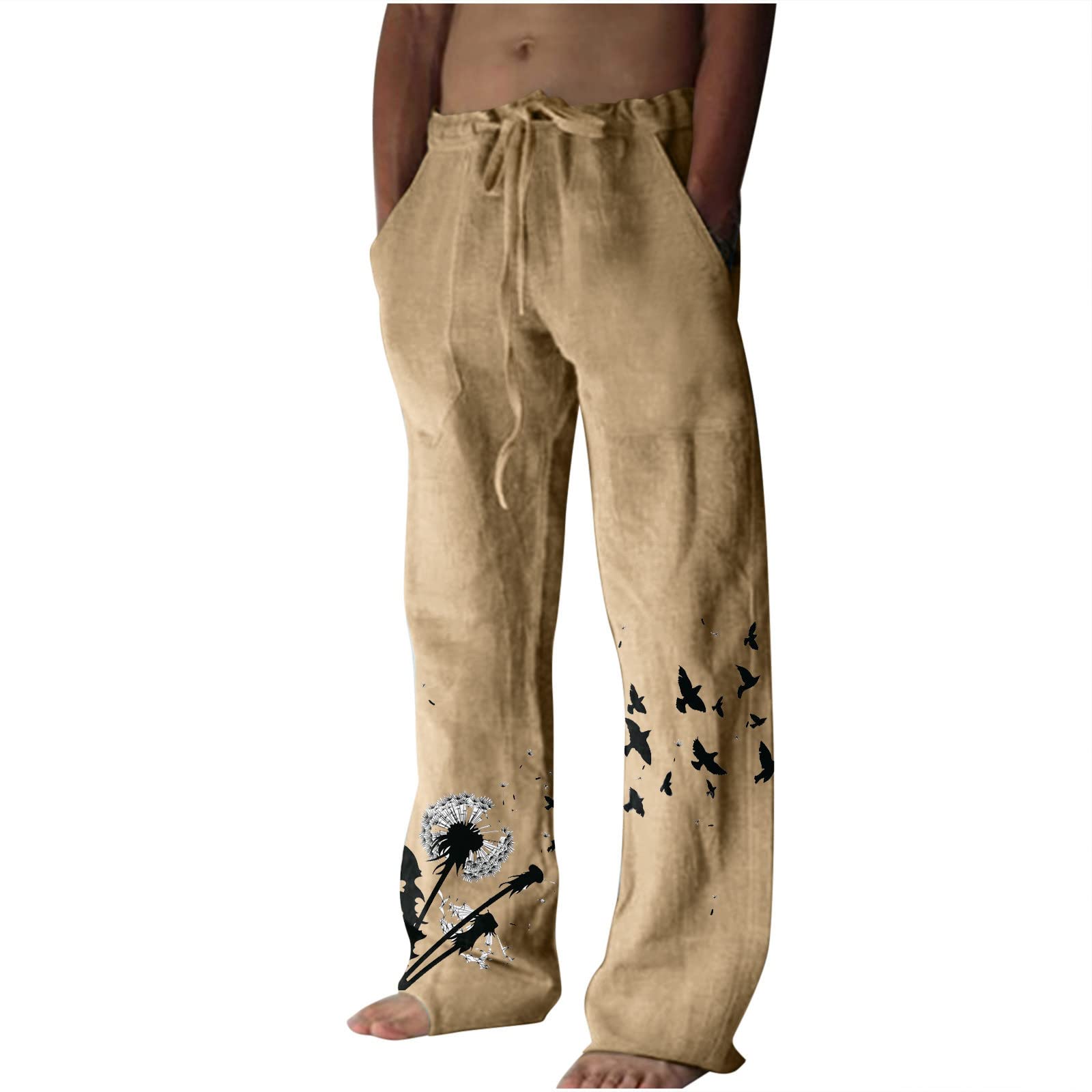 Men's Ethnic Style Printed Sweatpants Linen Vintage Elastic Waist Lace up Casual Pants Loose Fit Hippie Boho Trousers