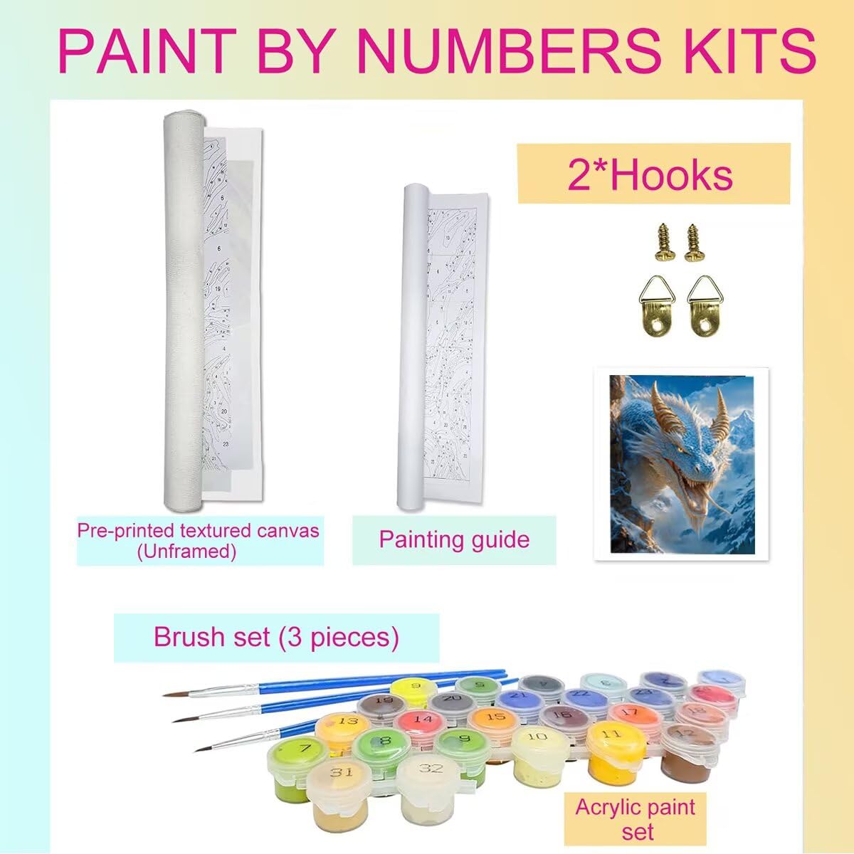 Dipingere con i Numeri Drago, Paint by Numbers Adulti Nevicare, Fai da te Creativi Adulti Quadri da Dipingere Numerati Kit per Decorazione Della Parete di Casa, Regalo 100x135 cm Senza Cornice 17-I