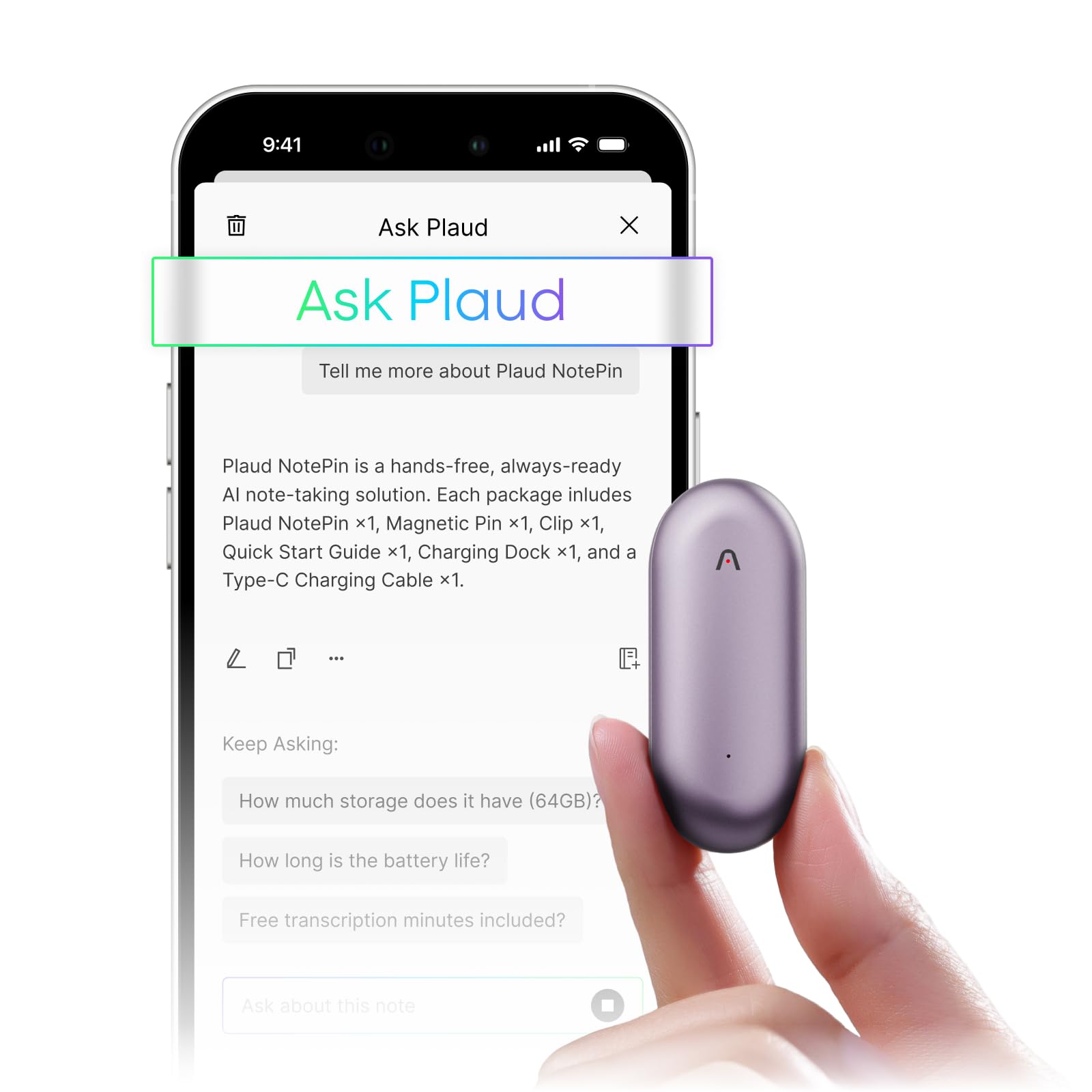 NotePin Voice Recorder, AI Voice Recorder, App Control, AI Notetaker, AI Transcribe & Summarize, Support 112 Languages, 64GB Audio Recorder for Lectures, Meetings, Sunset Purple, Non-S Version