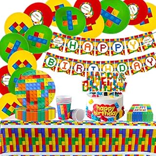 JeVenis Building Block Party Decoration Building Block Birthday Banner Building Block Party Supplies Building Block Tablecloth Building Block Party Plates Building Block Balloons