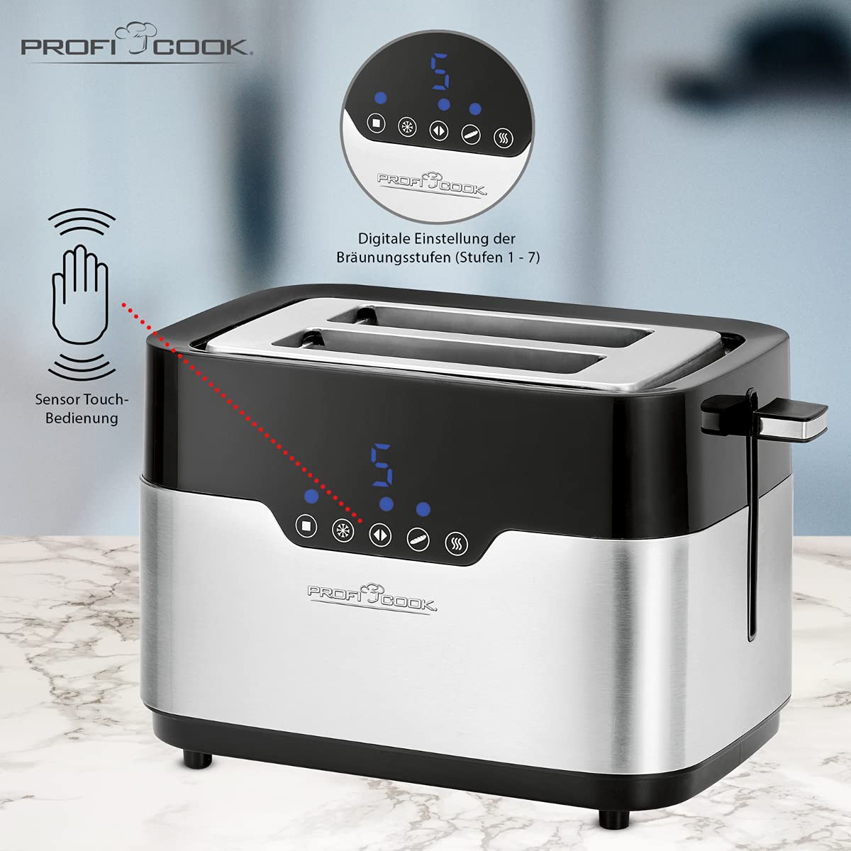 ProfiCook PC-TA 1170 Tostapane a 2 dischi, Sensor Touch, portapane, cassetto delle briciole, funzione di centraggio, spazio salvaspazio, 7 livelli di abbronzatura, acciaio inox nero