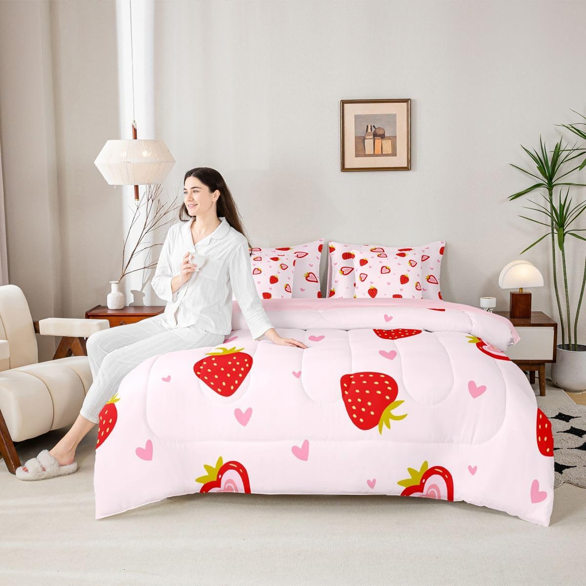 Feelyou Strawberry Twin Comforter Set with Sheets for Kids Boys Girls Kawaii 7 Pieces Bedding Set Cute Strawberry Bed in a Bag Heart Love Room Decor Romantic Soft Lightweight Microfiber