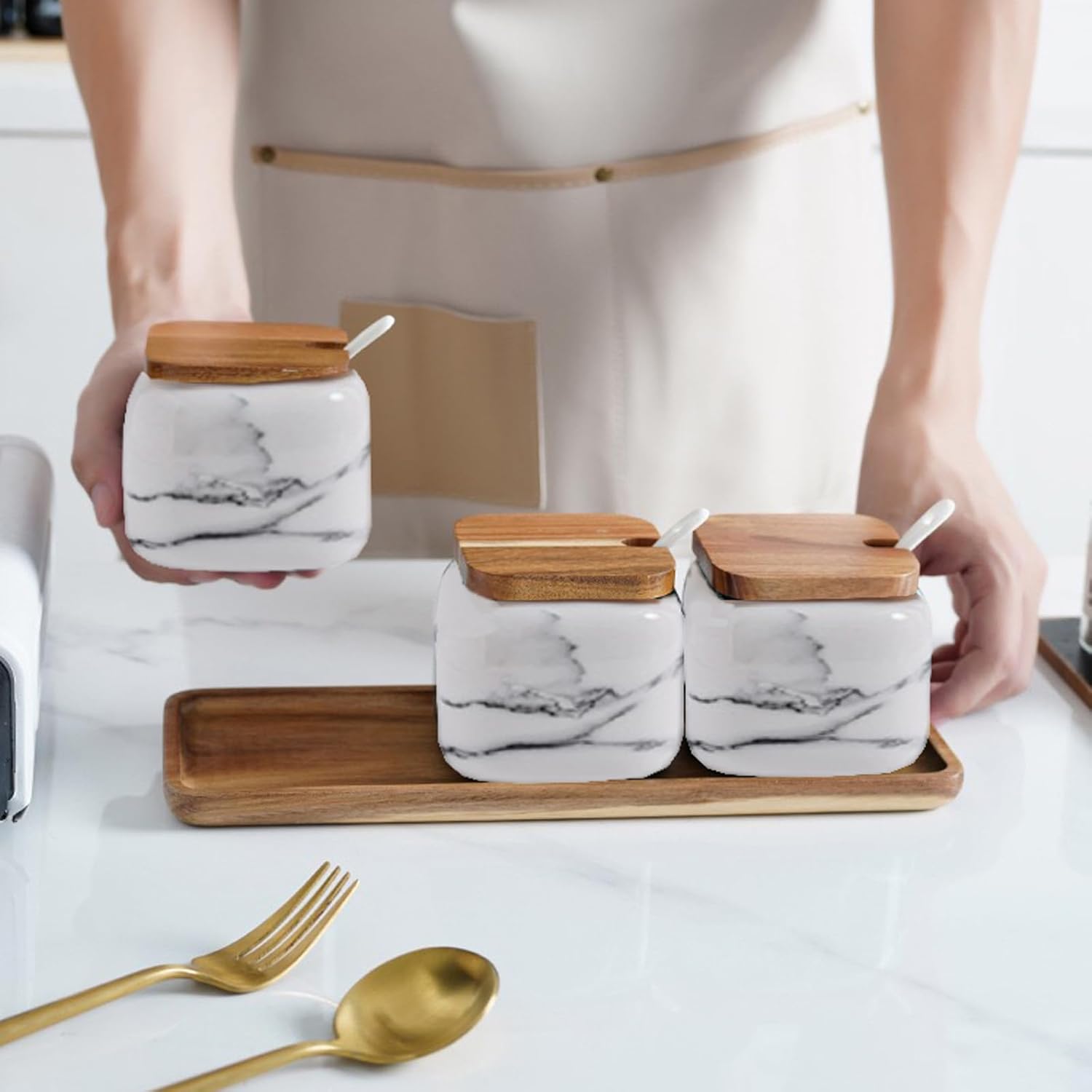 Ceramic Salt and Sugar Container Set with Wooden Tray, 3pcs Porcelain Seasoning Jars with Lids and Spoons, Condiment Pot Pepper Spice Storage Canister for Home Kitchen Counter