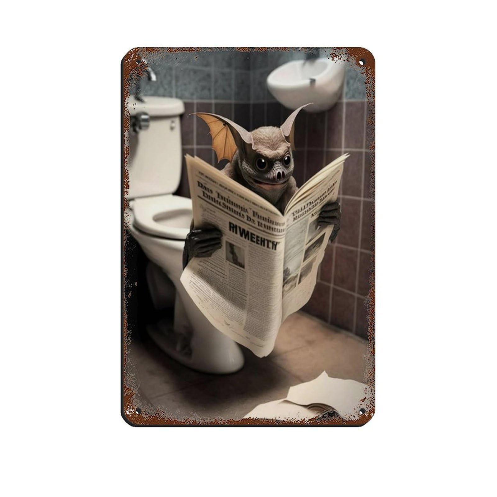 Lxwnze 20L X 30W Cm Bat Sitting On The Toilet Reading A Newspaper Tin Sign Vintage Metal Pub Club Cafe Bar Home Wall Art Decoration Poster Retro 8X12inch(20X30cm)
