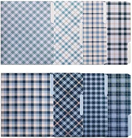 Decorative File Folders 8 Pack - 8 Different Blue Plaid Fashion Designs, 1/3 Cut Tabs Letter Size 9x11.5 inch, 350gsm Thick Paper Matte Finish, Essential Stationery for Home, School & Office