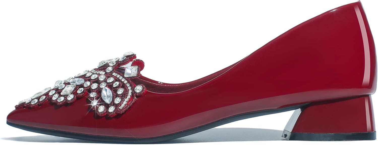 Women's Rhinestone Fashion Pointed Toe Pearl Diamond Low Heel Dress Wedding Work Business Dance Pumps - Image 4