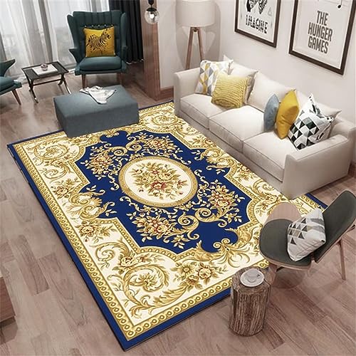 Tapis de sol bleu à motif floral géométrique lavable pour espace moderne