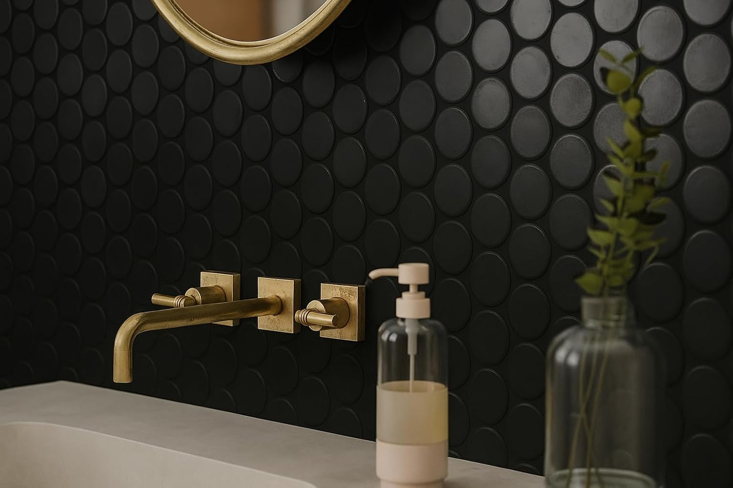Tenedos Black 2" Matte Grande Penny Round Porcelain Mosaic Tile for Bathroom, Shower, Kitchen Backsplash, Wall, Floor, Café, Restaurant, Commercial Space (5 Sheets)