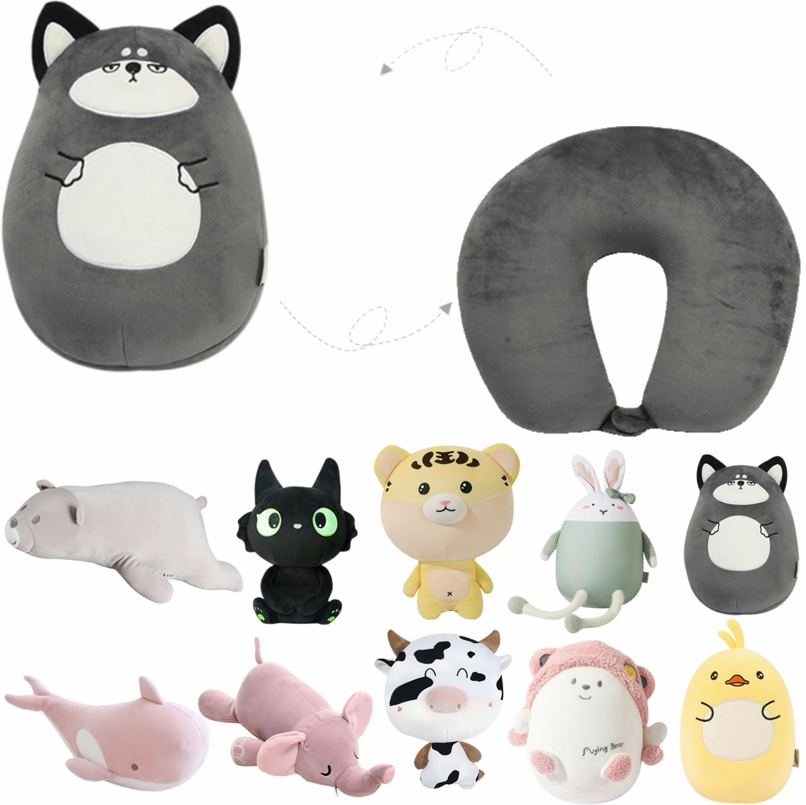 Mergeko Kids Travel Pillow - 2-in-1 Deformable Kids Neck Pillow for Traveling, Soft U-Shaped Pillow with Adorable Animal Design, Comfy Sleep and Play, Ideal for Airplanes and Traveling (Gray Husky)