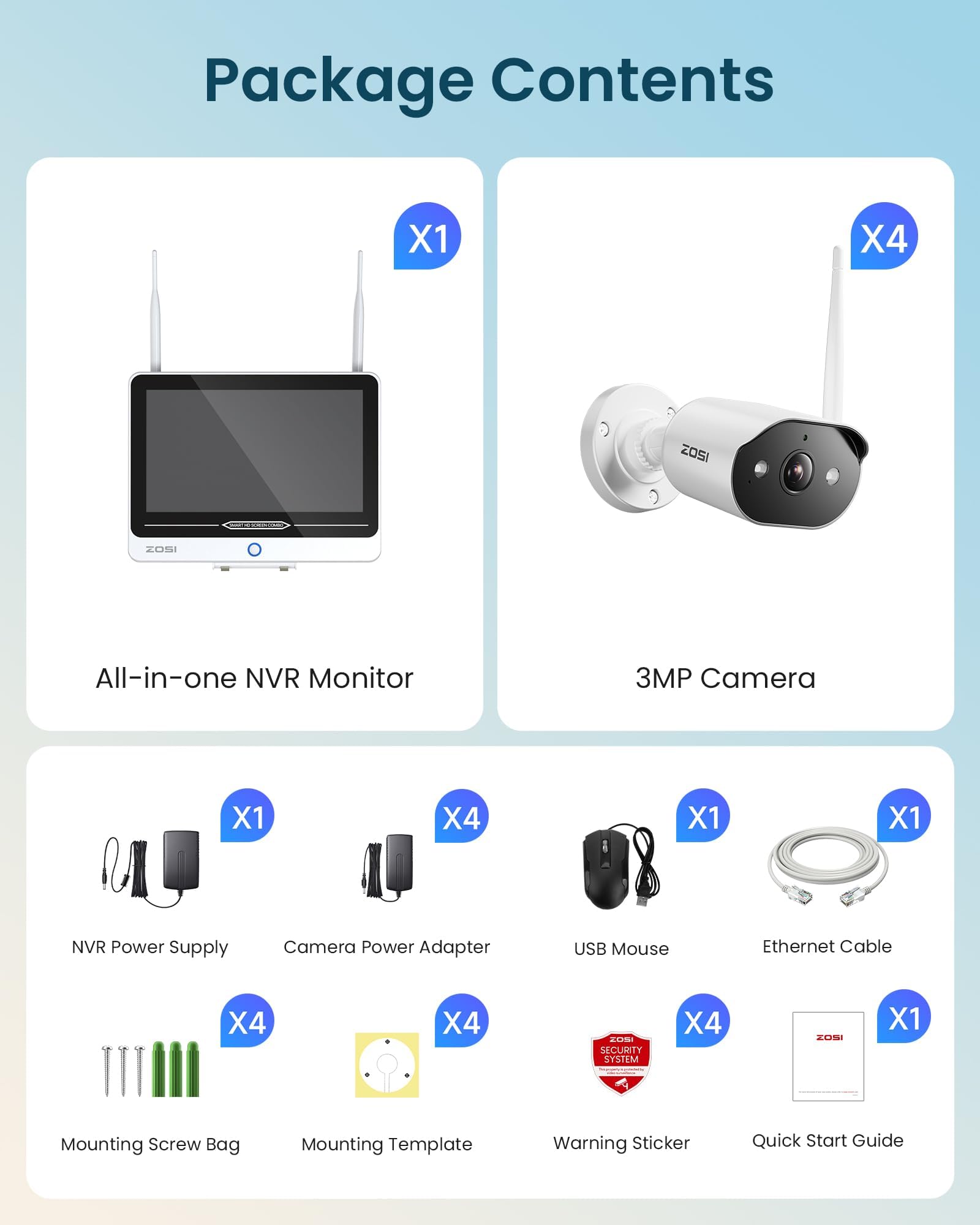 ZOSI 2K Wi-Fi 6 Überwachungskamera Set Aussen mit 12" Monitor NVR, 500GB HDD, 4X 3MP WLAN Kamera mit 2 Wege Audio, KI Personenerkennung, Farbnachtsicht