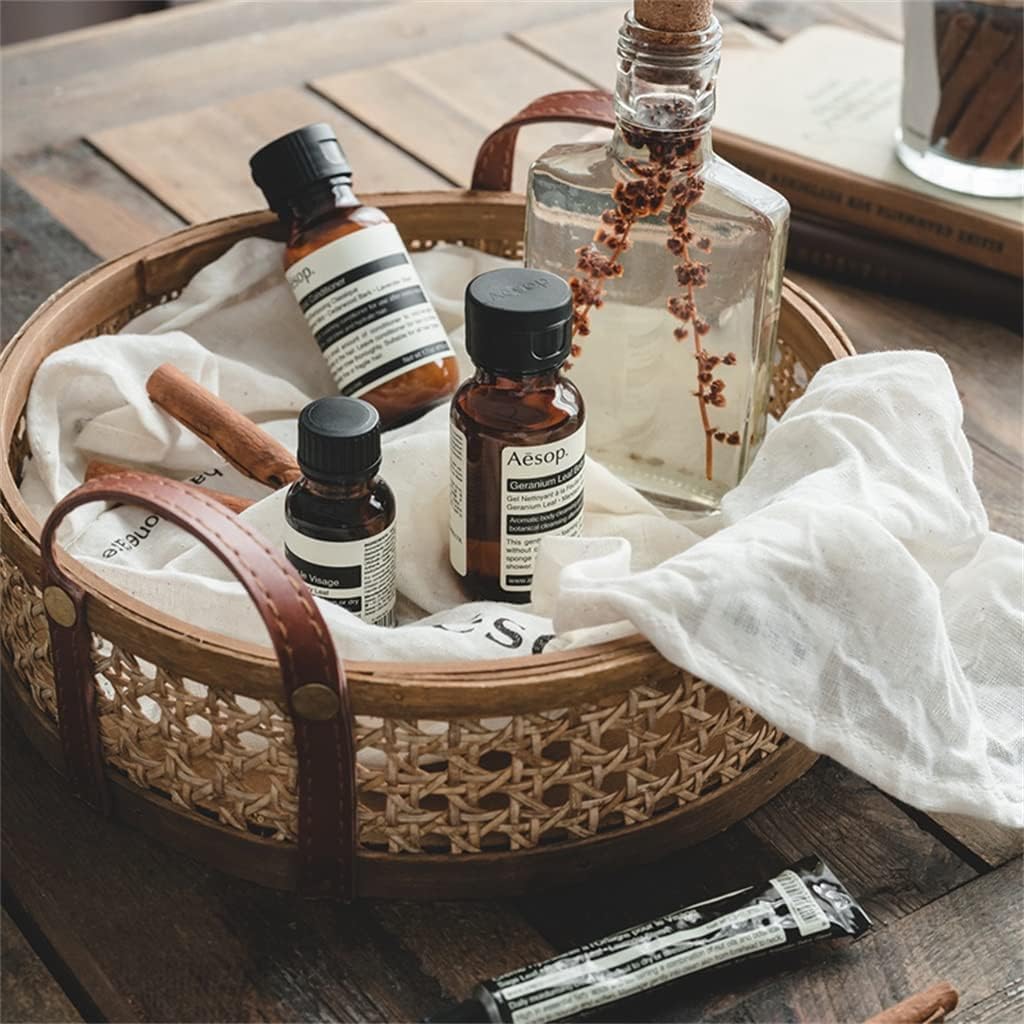 Hand-Woven Round Rattan Storage Basket Wicker Plate Fruit Snacks Serving Tray with Leather Handle(29 * 6.5cm)