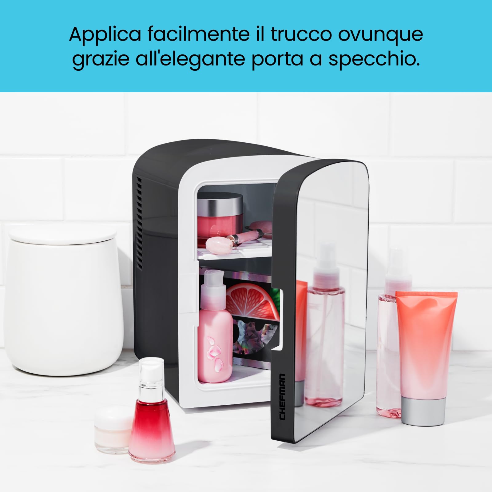 Chefman Frigorifero Personale Portatile a Specchio 4 Litri, per Cura della Pelle, Conservazione del Trucco, Bellezza, Sieri e Maschere, per Scrivania o Viaggio, per Raffreddare e Riscaldare, Nero