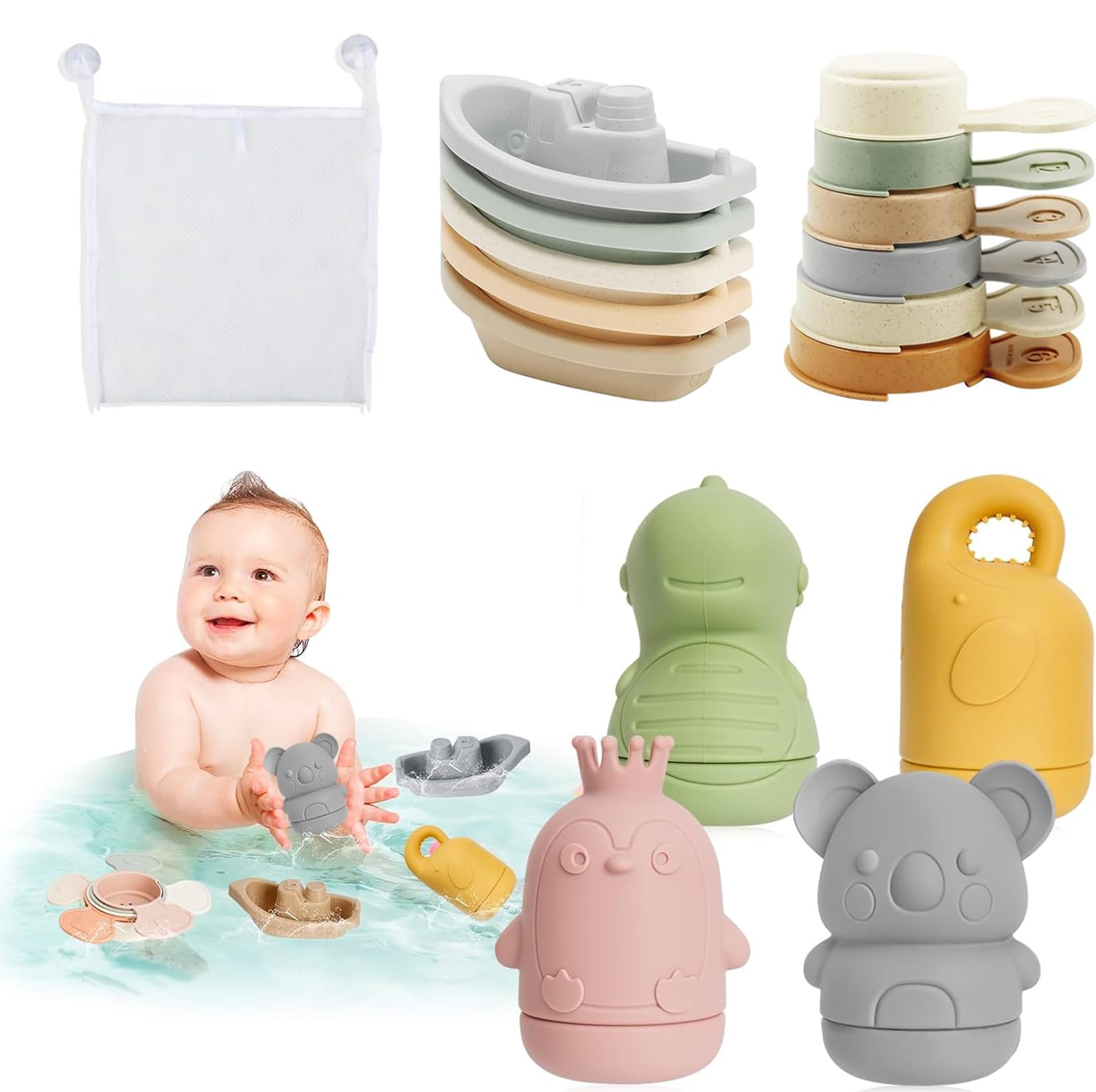 Mailfull Juguetes Bañera Bebe 15 Piezas Juguete de Baño Silicona Squeeze Toys Juguete Apilable Juegos de Agua Juguetes Playa para Niños a Partir de 6 Meses