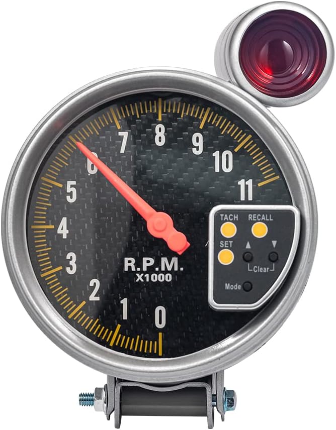 Kqiang5 Inch Tachometer 0~11,000 RPM Carbon Style Face Tachometer with Super Bright LED Red Shift Light Mounting Bracket Included