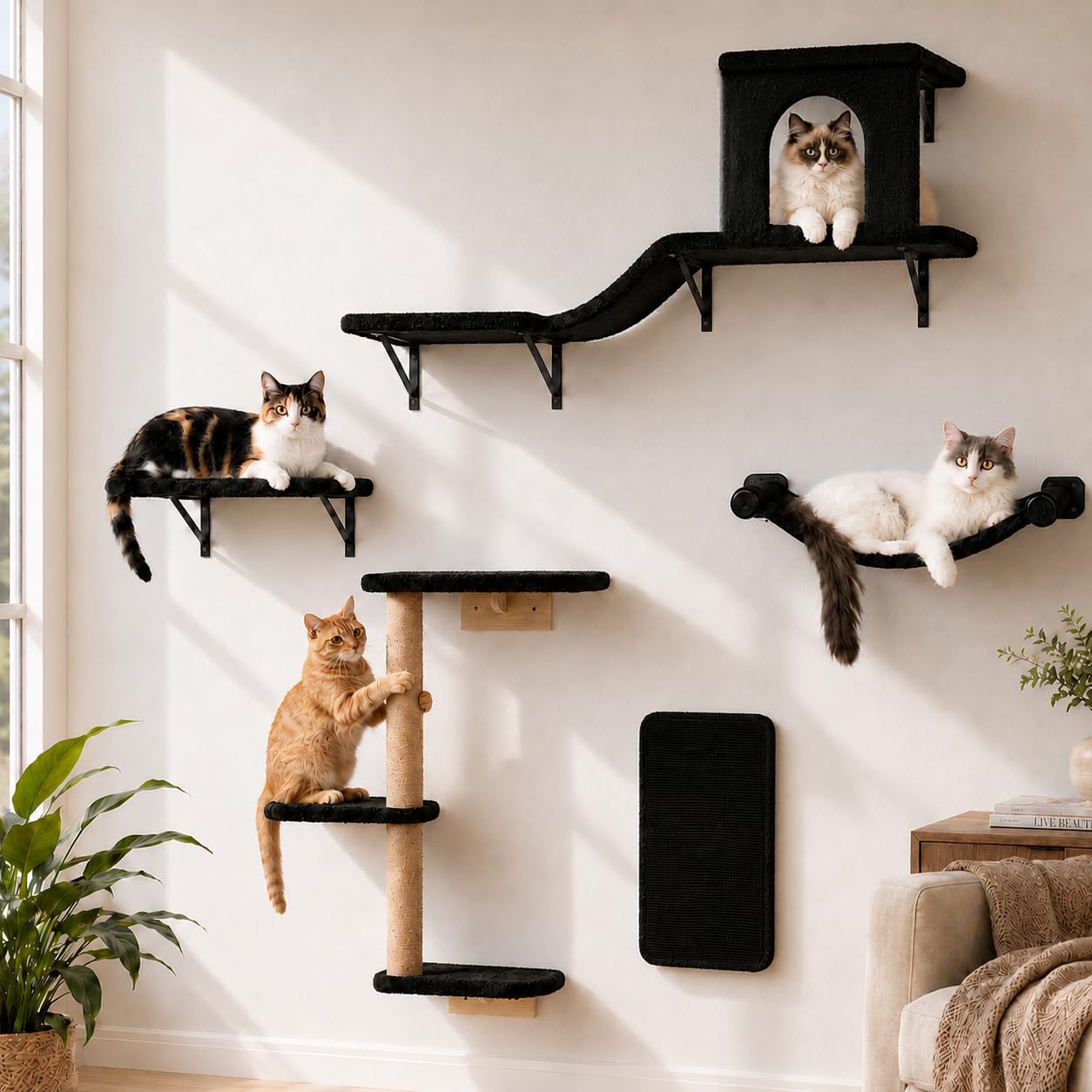 Cat Climbing Frame Set, 5 in 1 Cat Wall Furniture Set, Stable Cat Wall Shelves for Indoor, Wall Mounted Cats Tree with Scratching Post, Platform, Hammock & House for Playing
