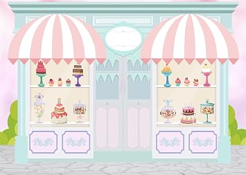 BELECO 7x5ft Fabric Sweet Shoppe Backdrop Dessert Parlor Sweet Candy Shop Window Photo Background Kids Birthday Baby Shower Donut Ice Cream Cake Table Decor Photoshoot Studio Props