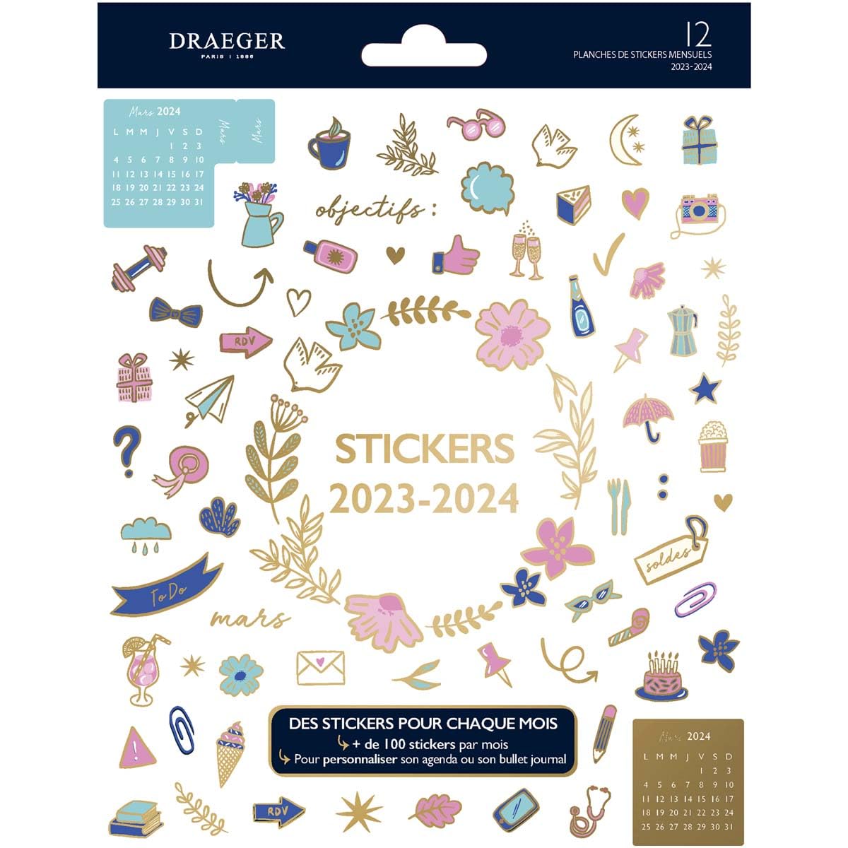 DRAEGER Paris | Pegatinas Agenda y Bullet Journal | Papel certificado FSC | 12 tableros | 17,5 x 12 x 0,5 cm | Personalizar material escolar, cuadernos, agendas, estuches