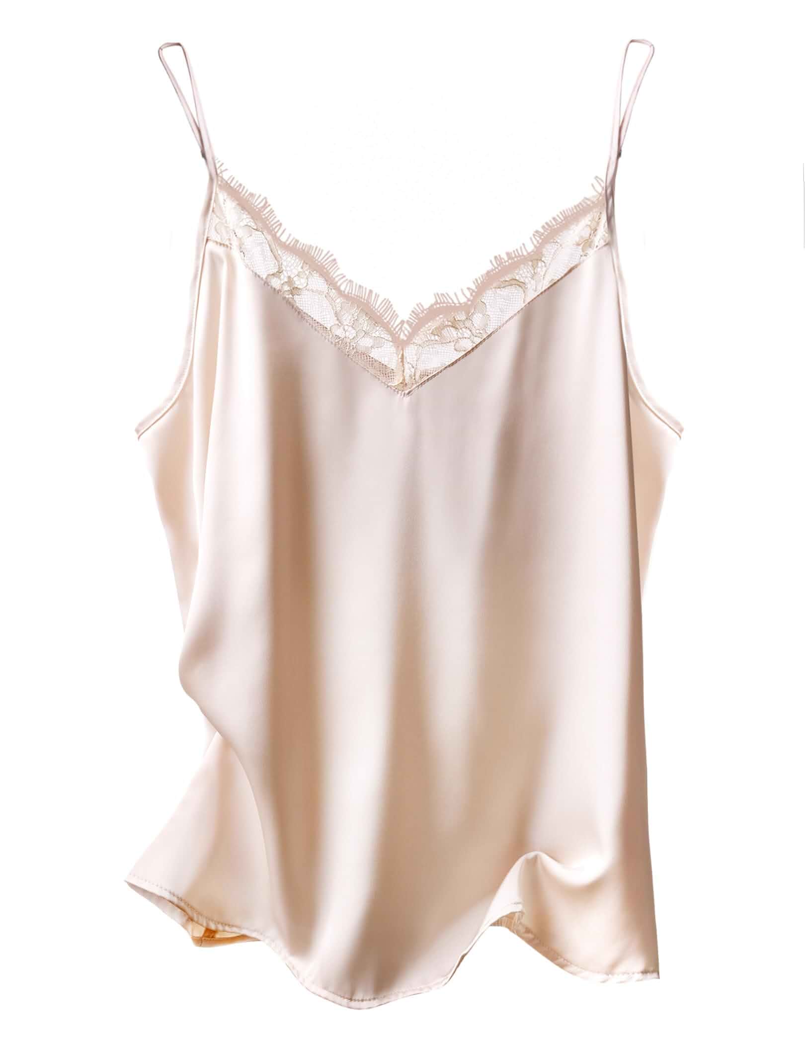Ekouaer Women's Satin Lace V Neck Camisole Tops Pajama Women's Satin Camisole Lace Pajama Tank Tops V Neck Soft Spaghetti Strap Loose Sleepwear