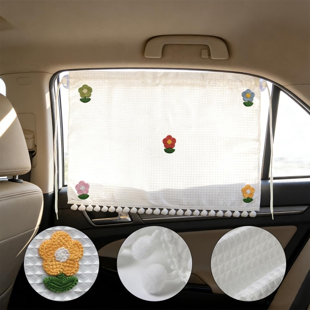 Car Sunshade Side Curtain, Waffle Texture Car Window Curtain with Suction Cup, Breathable UV Block Curtain for Car Windows, Cute Auto Window Privacy Protection Shades (Five Sunflowers/B)
