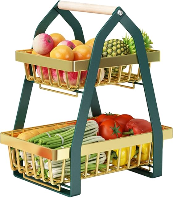 2 Tier Fruit Basket with Wooden Handle, Detachable Vegetable Storage Metal Rack Fruit Bowl Snack Holder for Kitchen Countertop, Balcony, Bedroom, Office (Green and Gold)