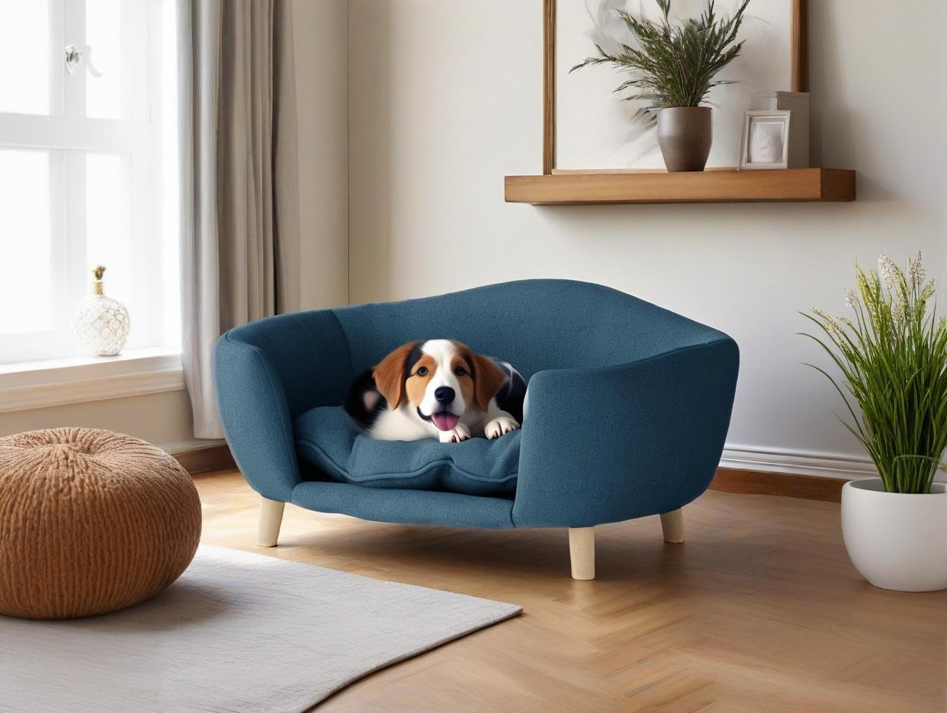 Modern Pet Sofa Bed, Luxury Curved Design with Wooden Legs, Navy Blue