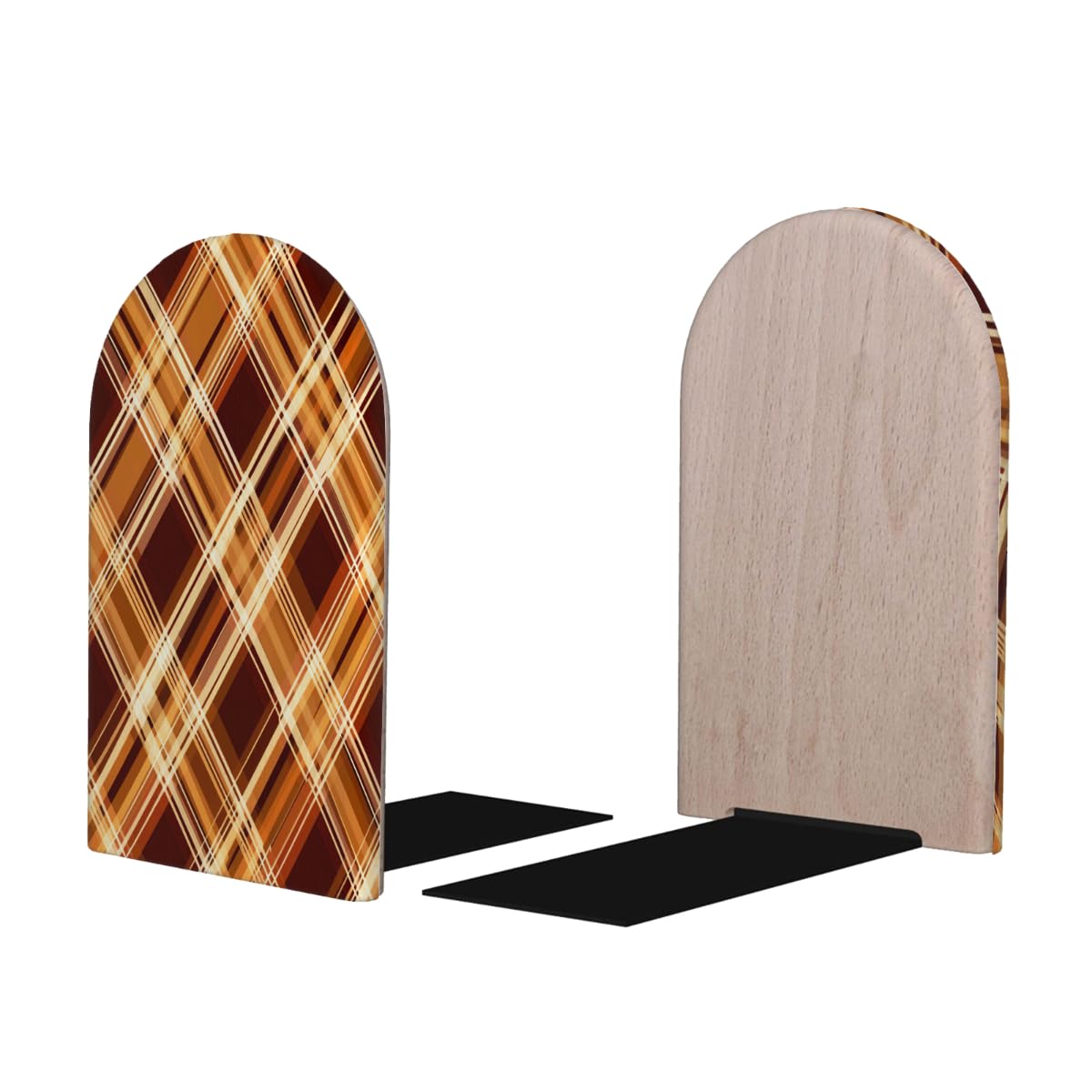 (2 PCS/1 Pairs) Wood Bookends Autumn Checkered Cloth Decorative Wood Bookends for Student School Shelves Kids Room Desk Home Office Book Stoppers for Holiding Books 5x3 Inch
